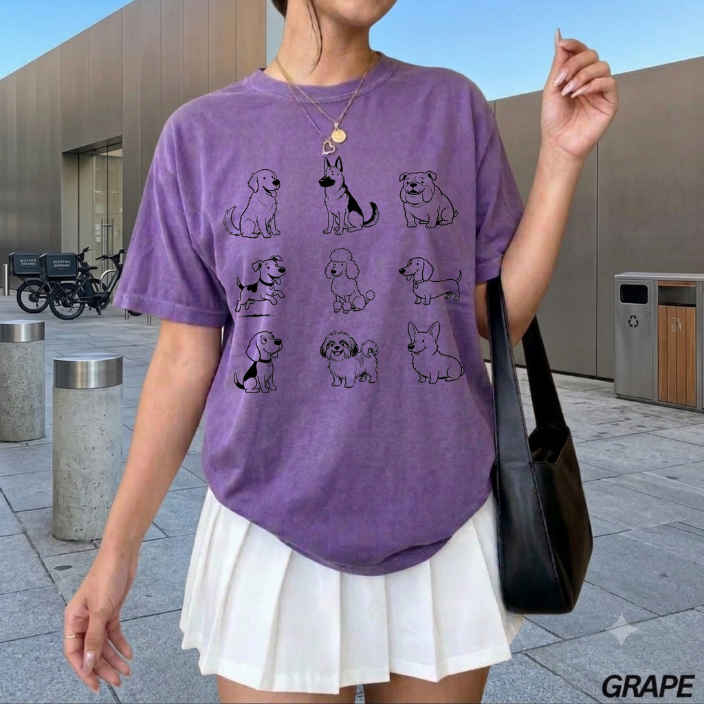 Dog Breeds Grid T-Shirt — Minimal Line Art Puppy Tee