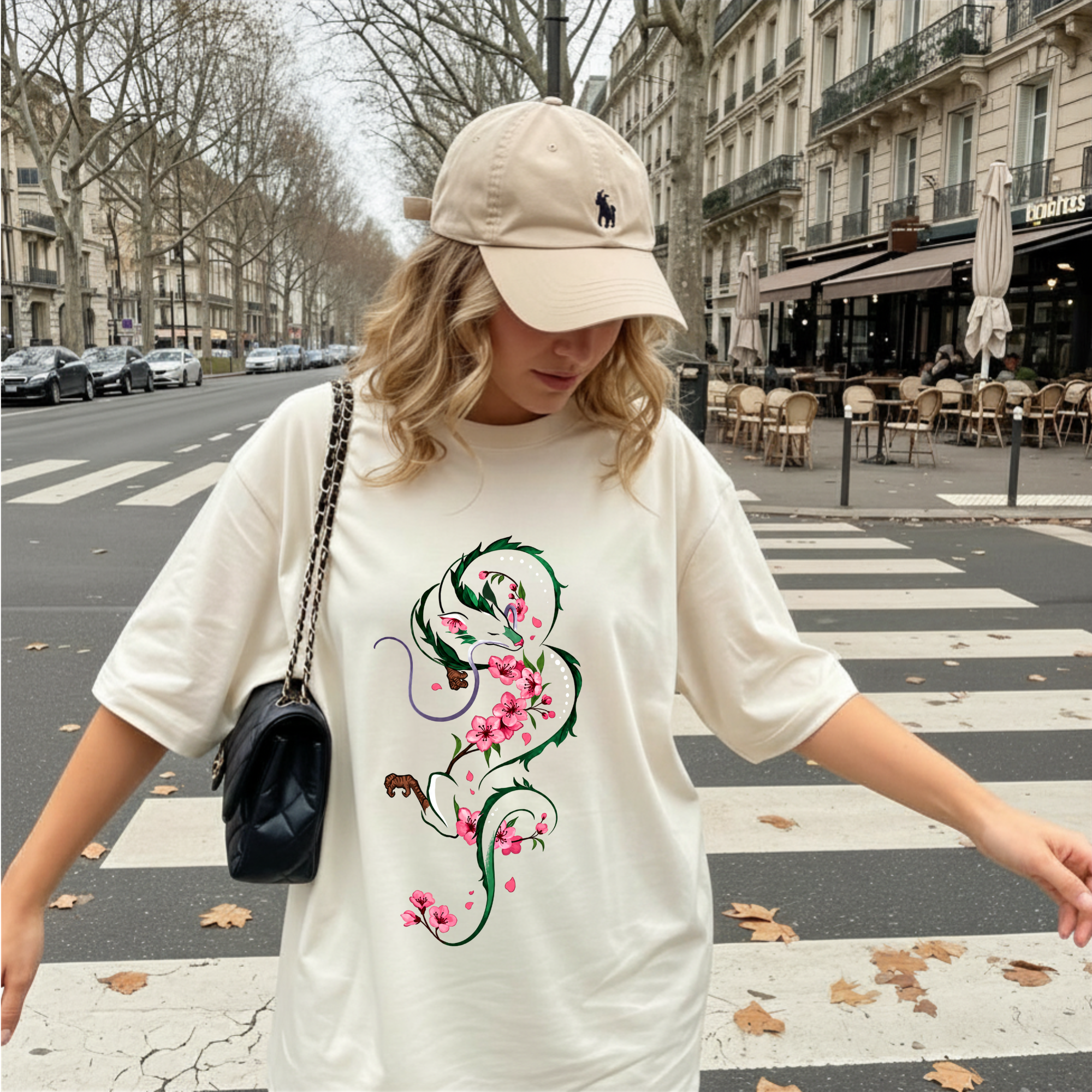 T-shirt Dragon Vintage et Sakura, Vêtement Anime Esthétique Japonaise, T-shirt Dragon Floral Fleur de Cerisier, T-shirt Esthétique Studio Ghibli