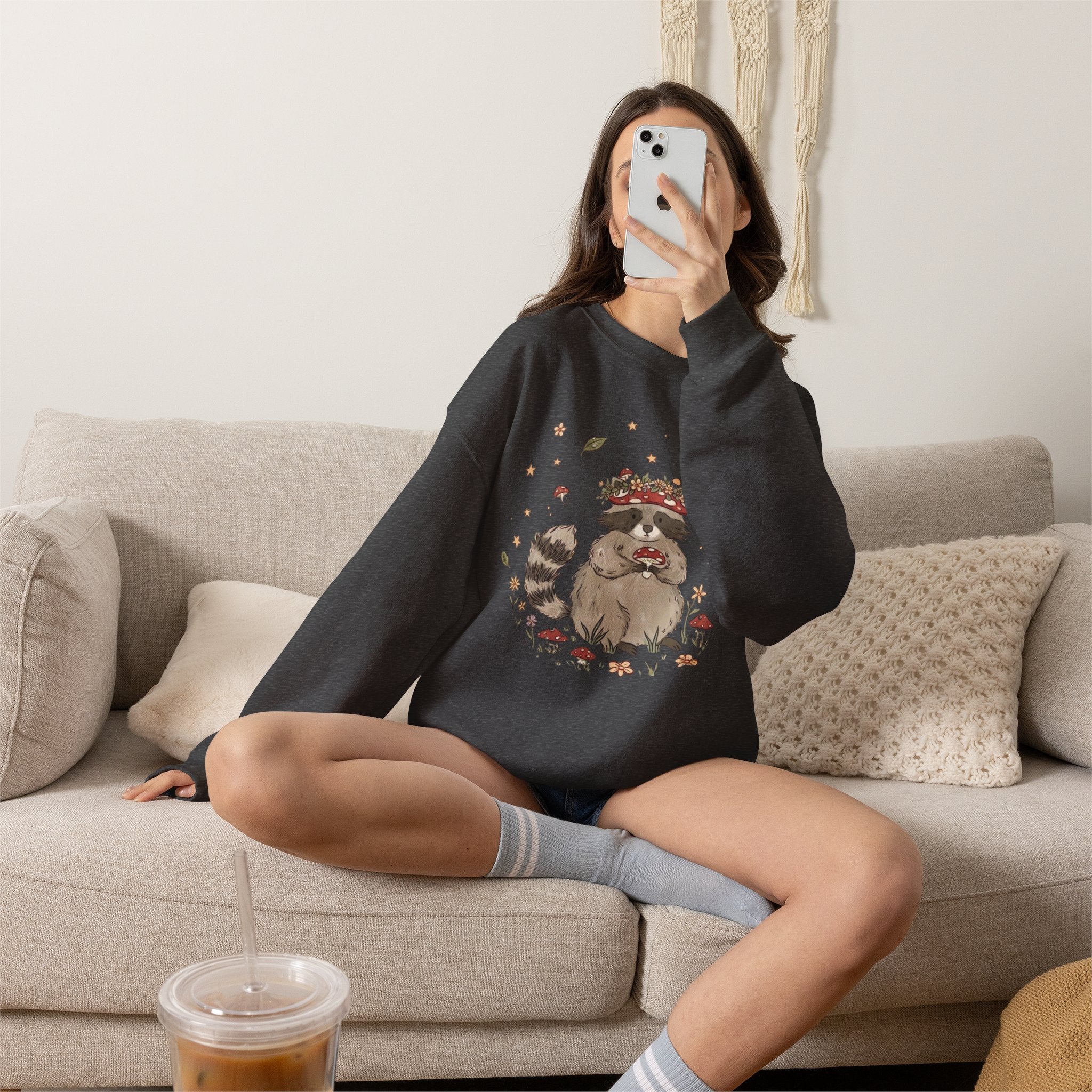 Cute Raccoon with Mushroom Crown Sweatshirt - Cottagecore Forest Animal Tee