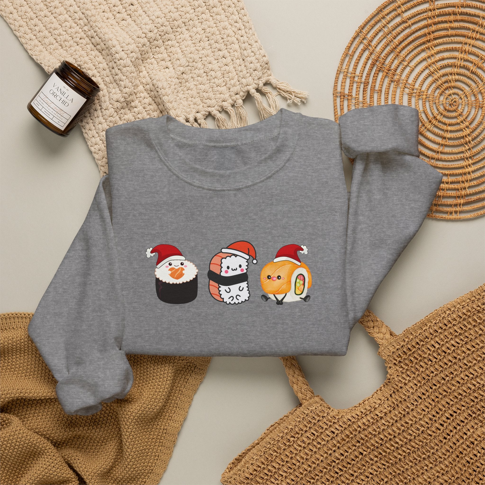 Holiday Sushi Crewneck Sweatshirt — Cute Santa Sushi Trio Christmas Sweatshirt