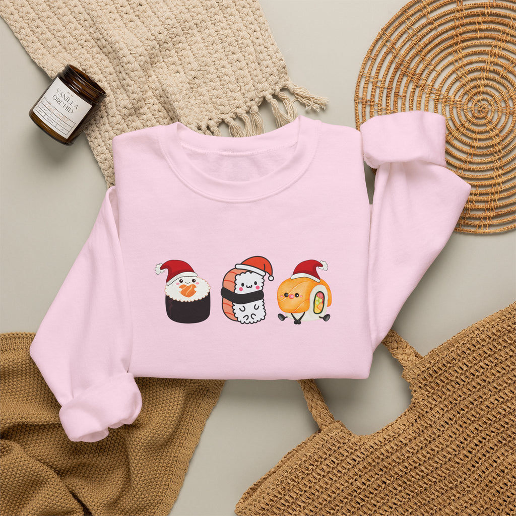 Holiday Sushi Crewneck Sweatshirt — Cute Santa Sushi Trio Christmas Sweatshirt