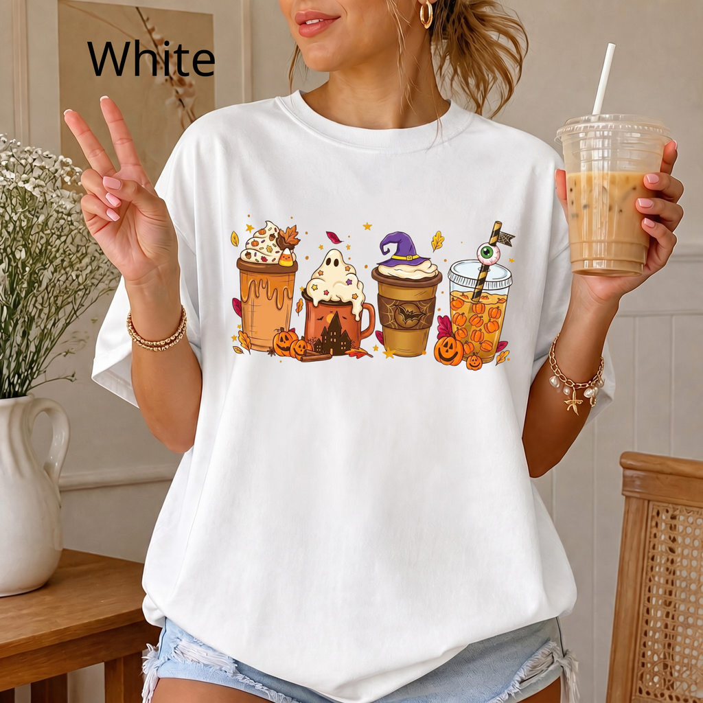 Fall Vibes Halloween Drinks Graphic Tee, Iced Coffee Ghost Shirt, Cozy Autumn Season Shirt, Funny Coffee Lover Gift