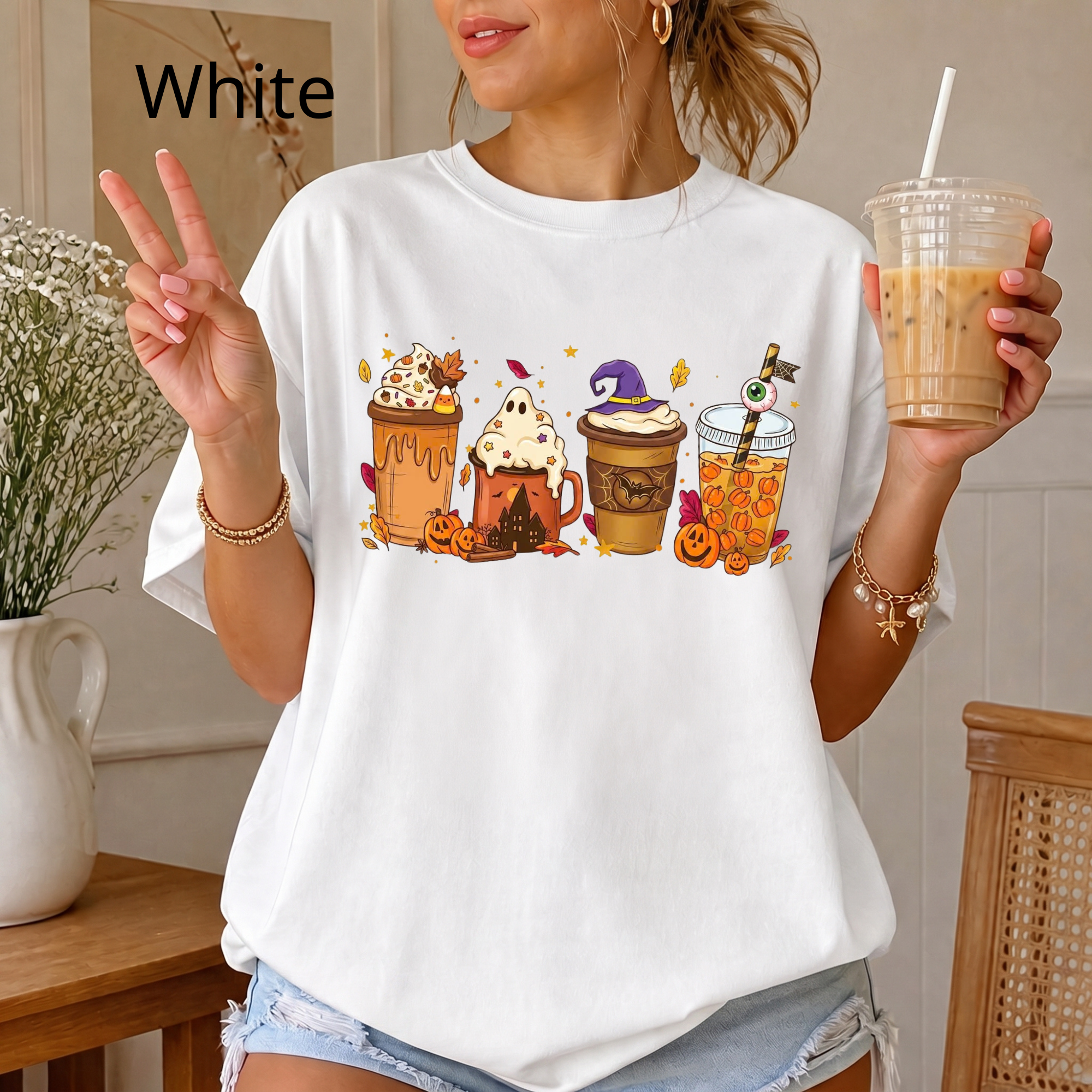 Fall Vibes Halloween Drinks Graphic Tee, Iced Coffee Ghost Shirt, Cozy Autumn Season Shirt, Funny Coffee Lover Gift