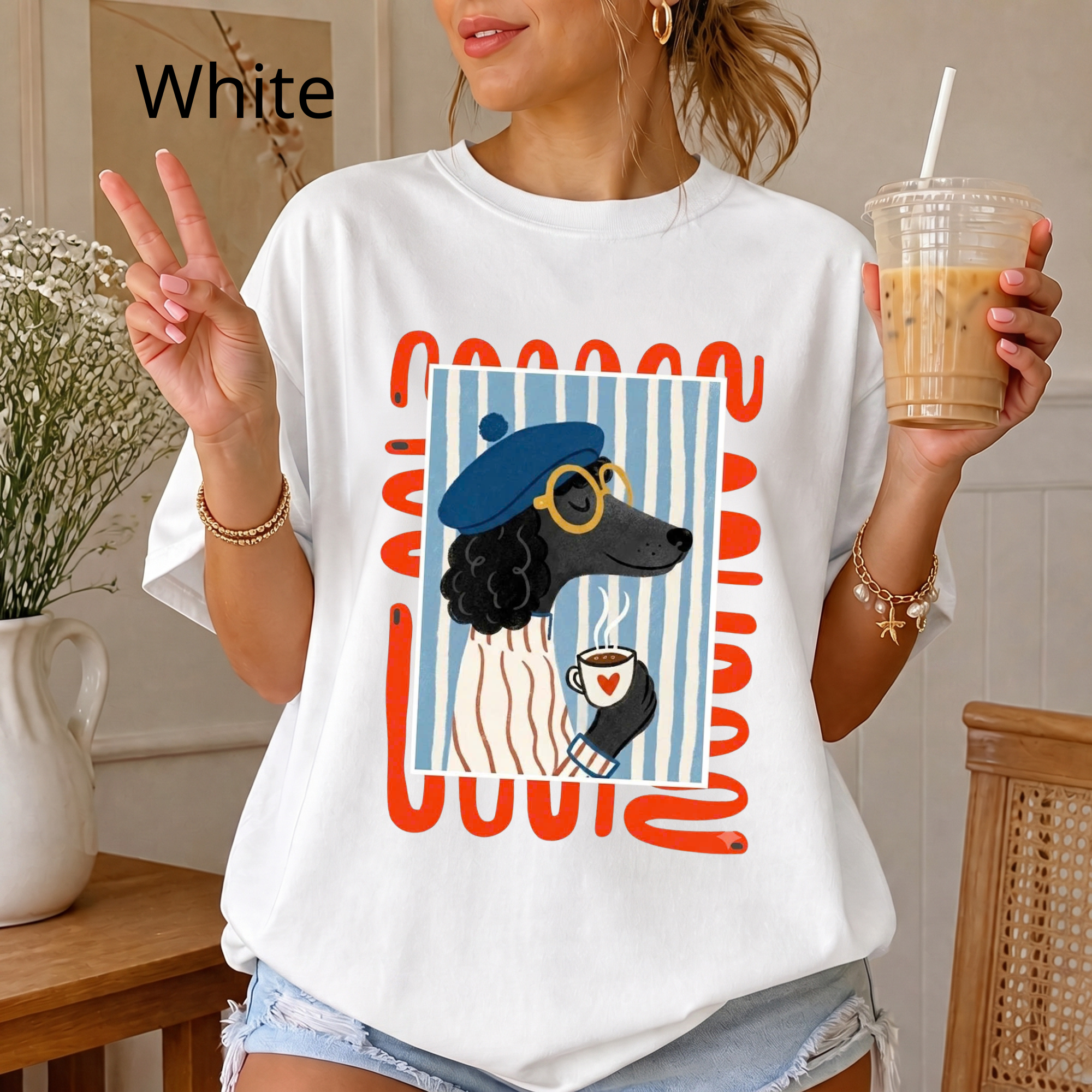 French Poodle Drinking Coffee T-Shirt, Artsy Dog Graphic Tee, Cute French Beret Animal Shirt, Casual Cotton Tee