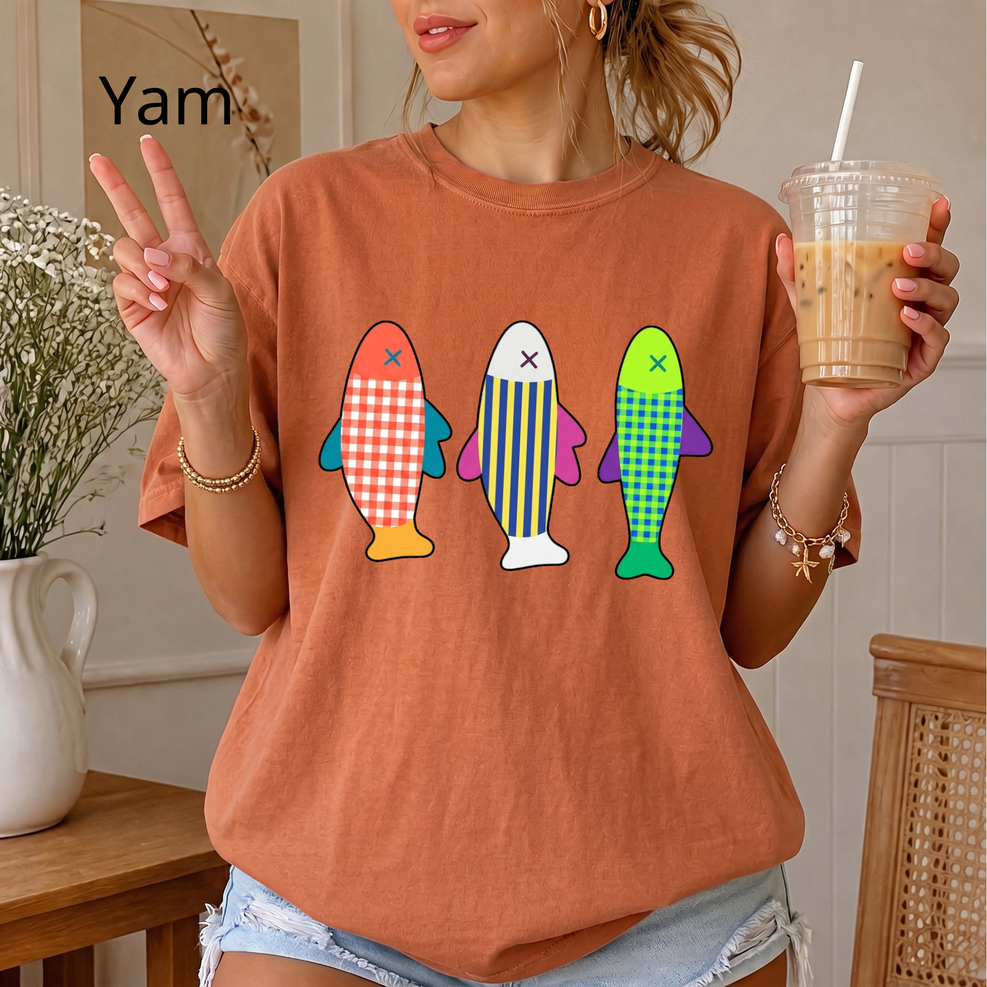 Comfort Colors® Retro Fish T-Shirt, Patchwork Quilted Fish Graphic Tee, Vintage Sardine Beach Shirt for Women