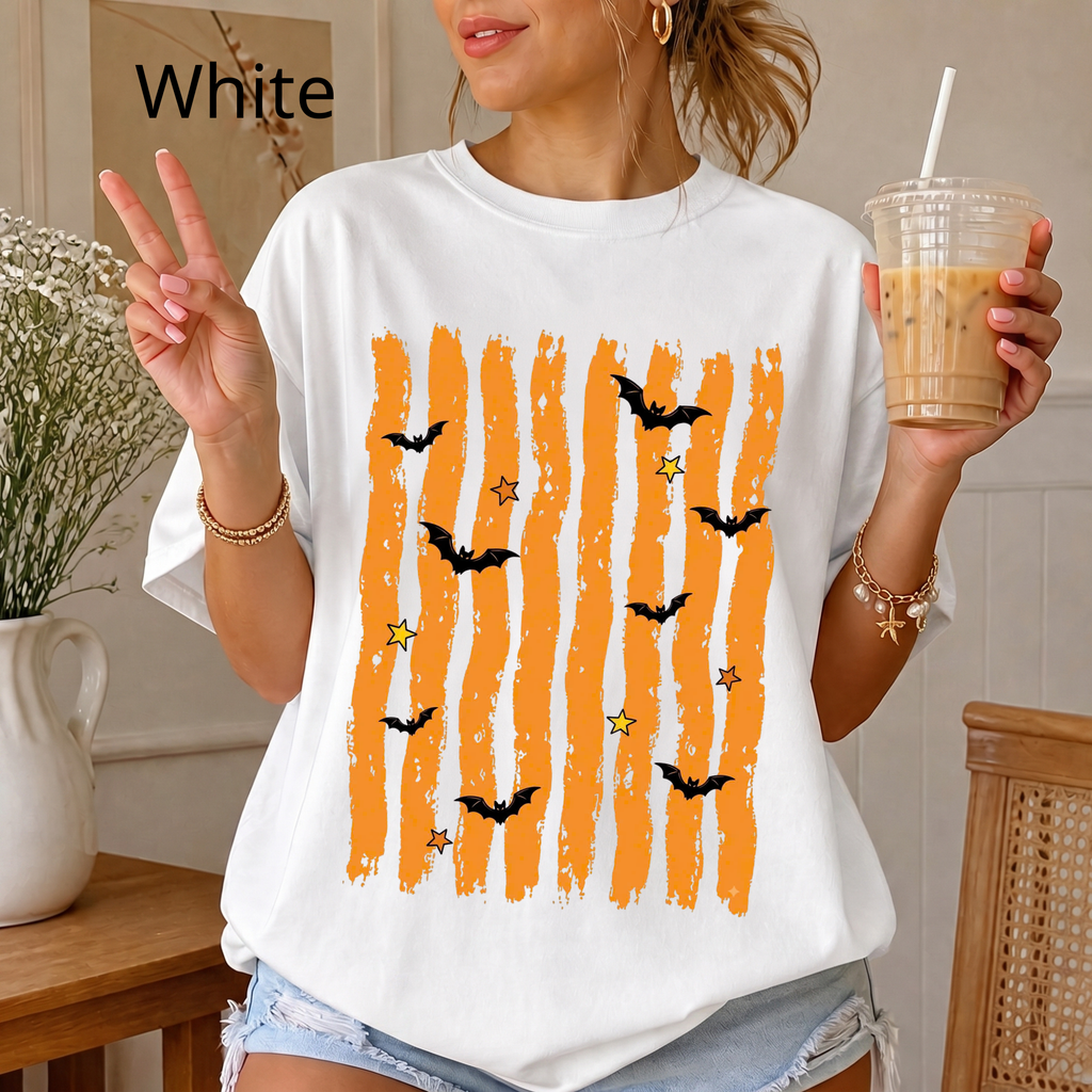 Spooky Season Halloween Shirt, Retro Orange Stripes and Bats Tee, Cute Spooky Vibe Comfort Colors Style T-Shirt
