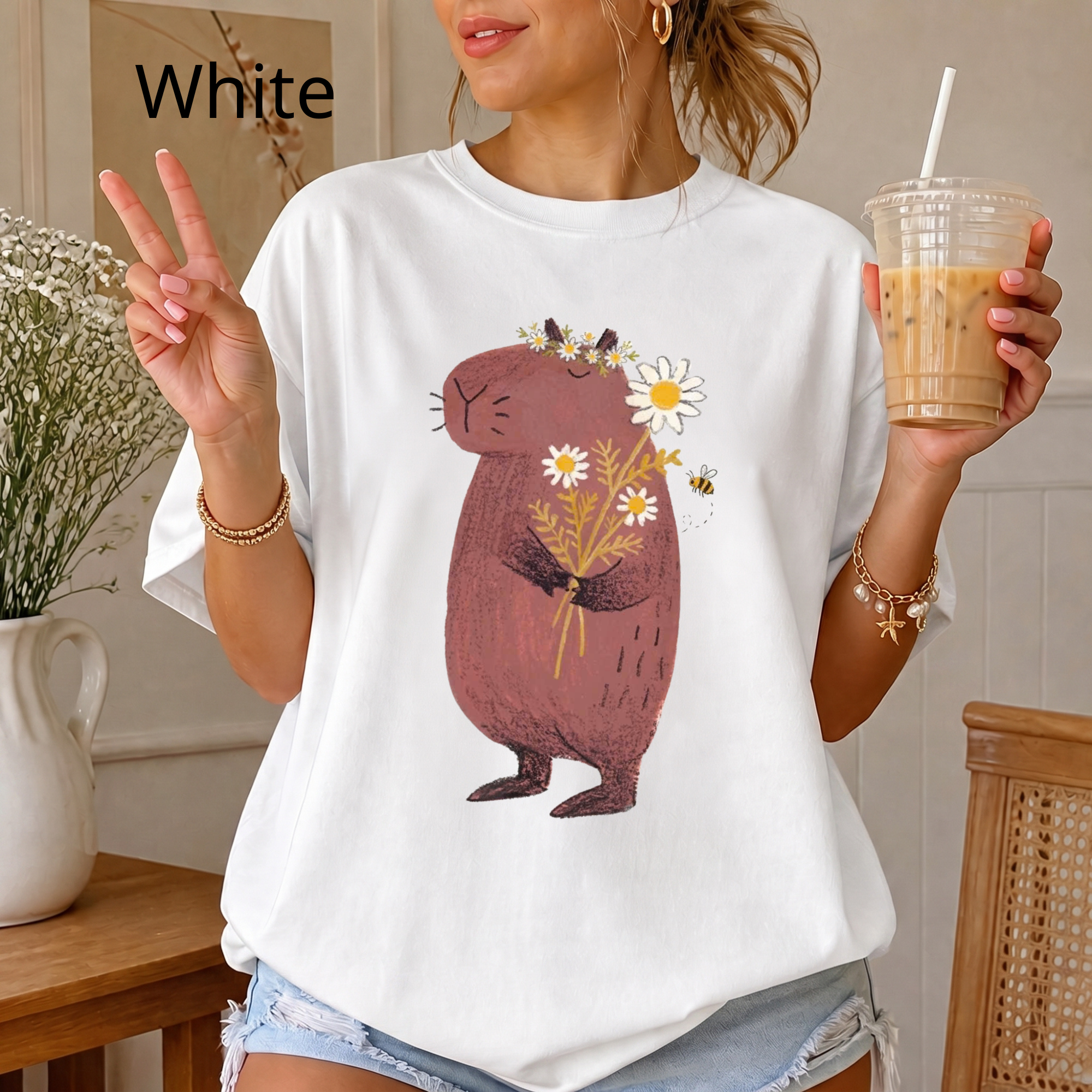 Comfort Color Cute Capybara with Daisy Bouquet Graphic T-Shirt - Unisex Cotton Tee
