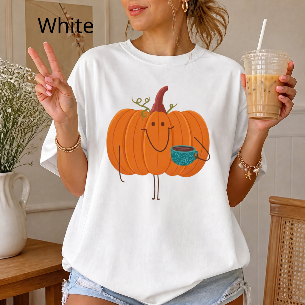 Cute Pumpkin Drinking Coffee T-Shirt, Funny Fall Season Tee, Happy Halloween T‑Shirt