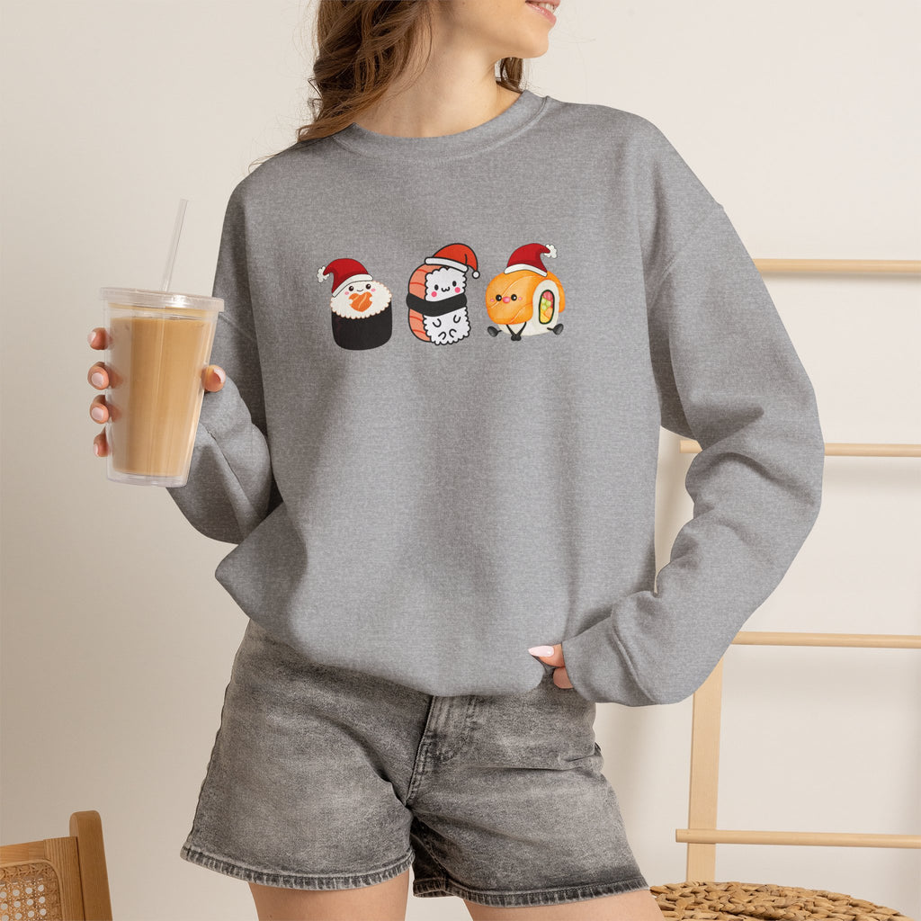 Holiday Sushi Crewneck Sweatshirt — Cute Santa Sushi Trio Christmas Sweatshirt