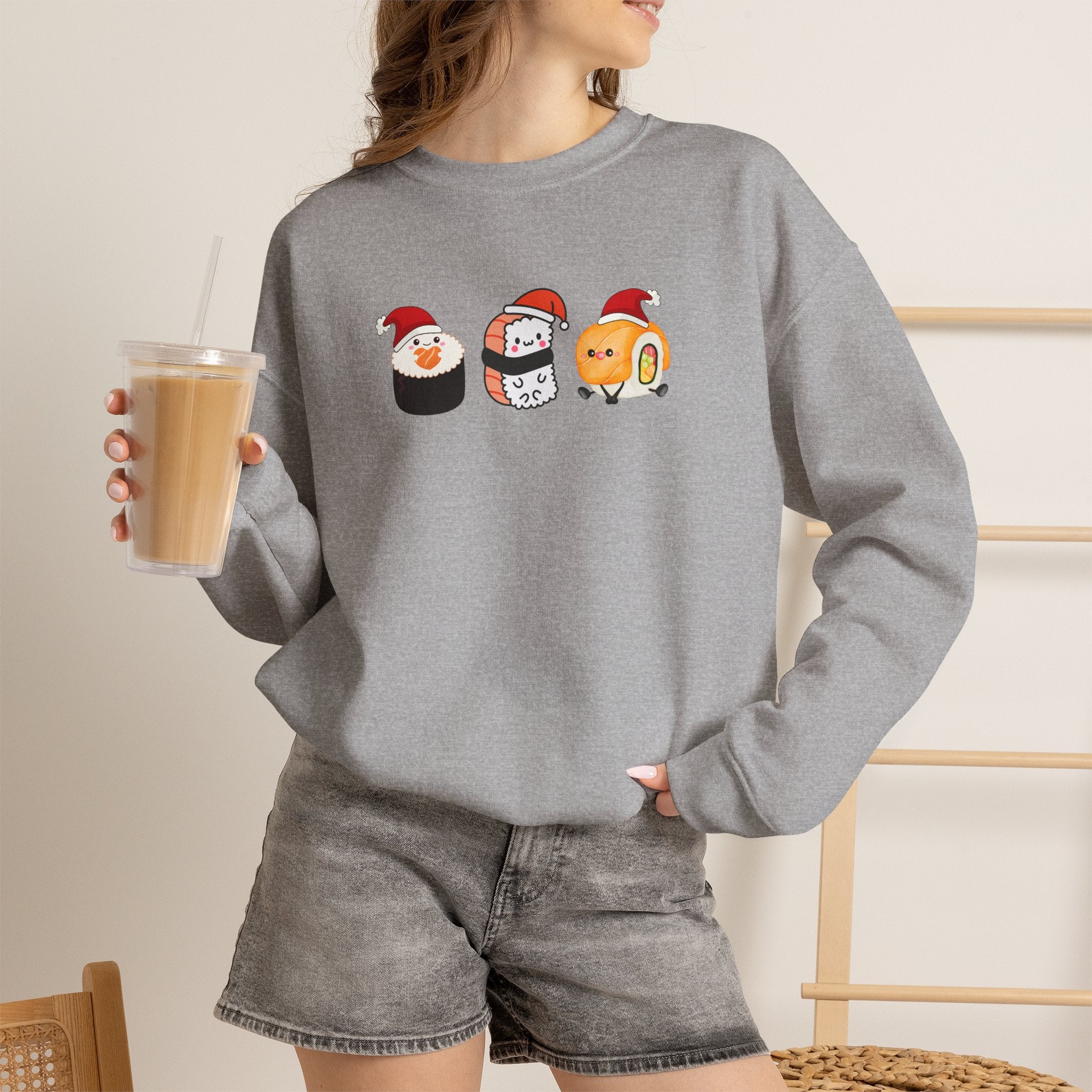 Holiday Sushi Crewneck Sweatshirt — Cute Santa Sushi Trio Christmas Sweatshirt