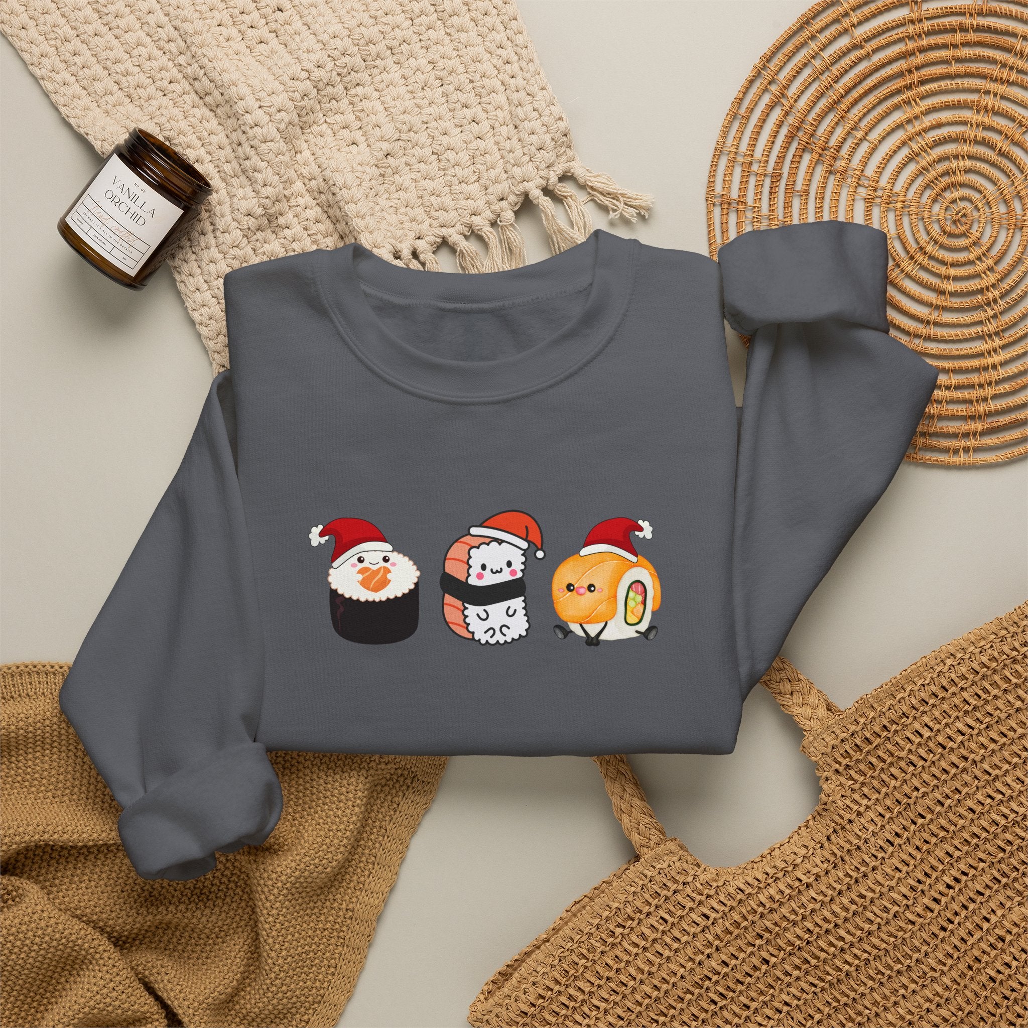 Holiday Sushi Crewneck Sweatshirt — Cute Santa Sushi Trio Christmas Sweatshirt