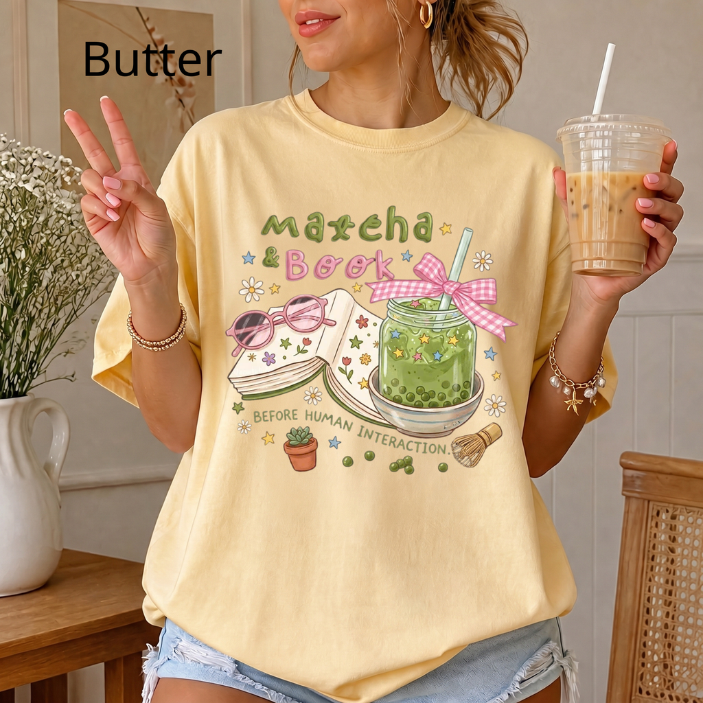 Bookworm Tee, Comfort Colors Reading Shirt, Cute Matcha Cup Shirt, Cozy Book Lover Gift