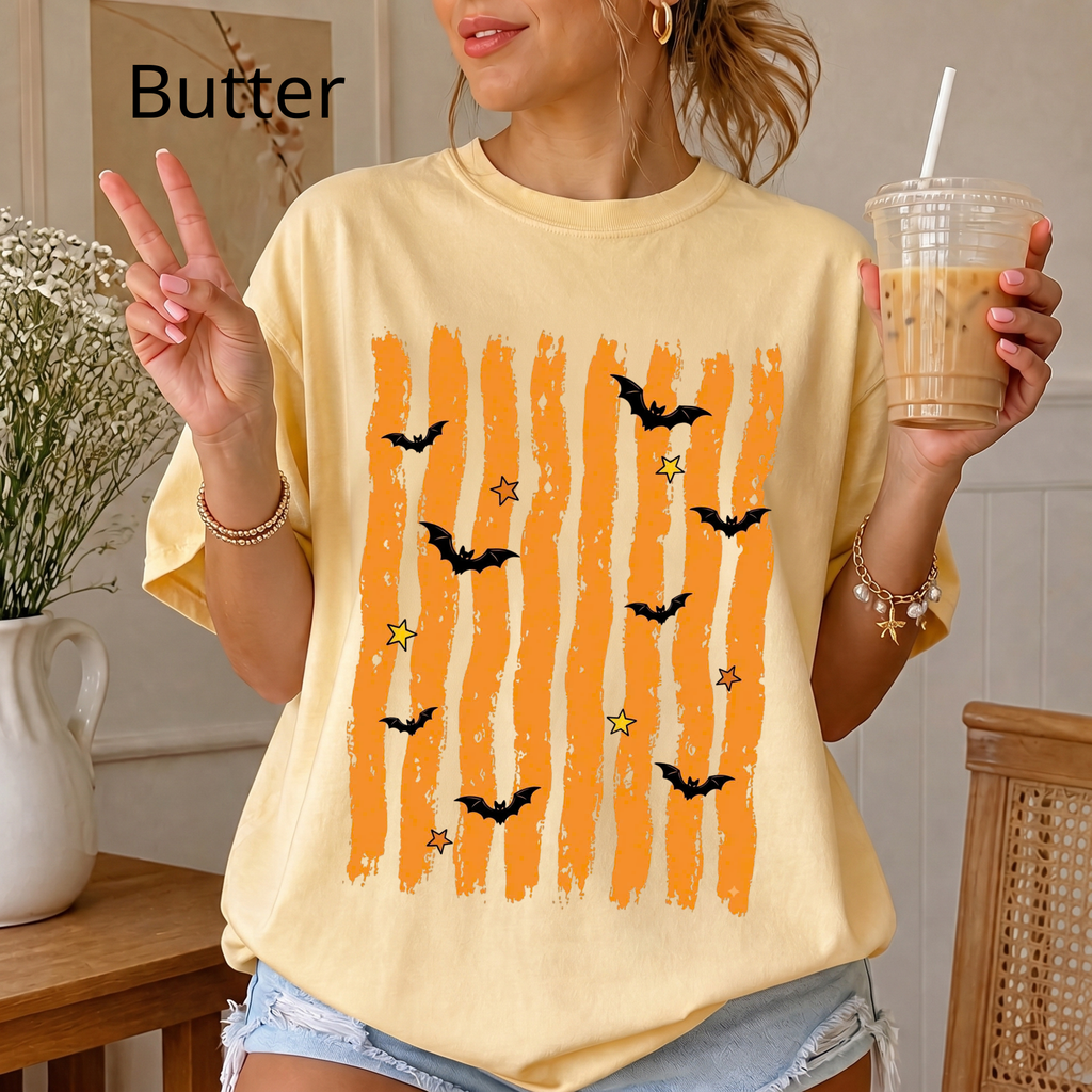 Spooky Season Halloween Shirt, Retro Orange Stripes and Bats Tee, Cute Spooky Vibe Comfort Colors Style T-Shirt