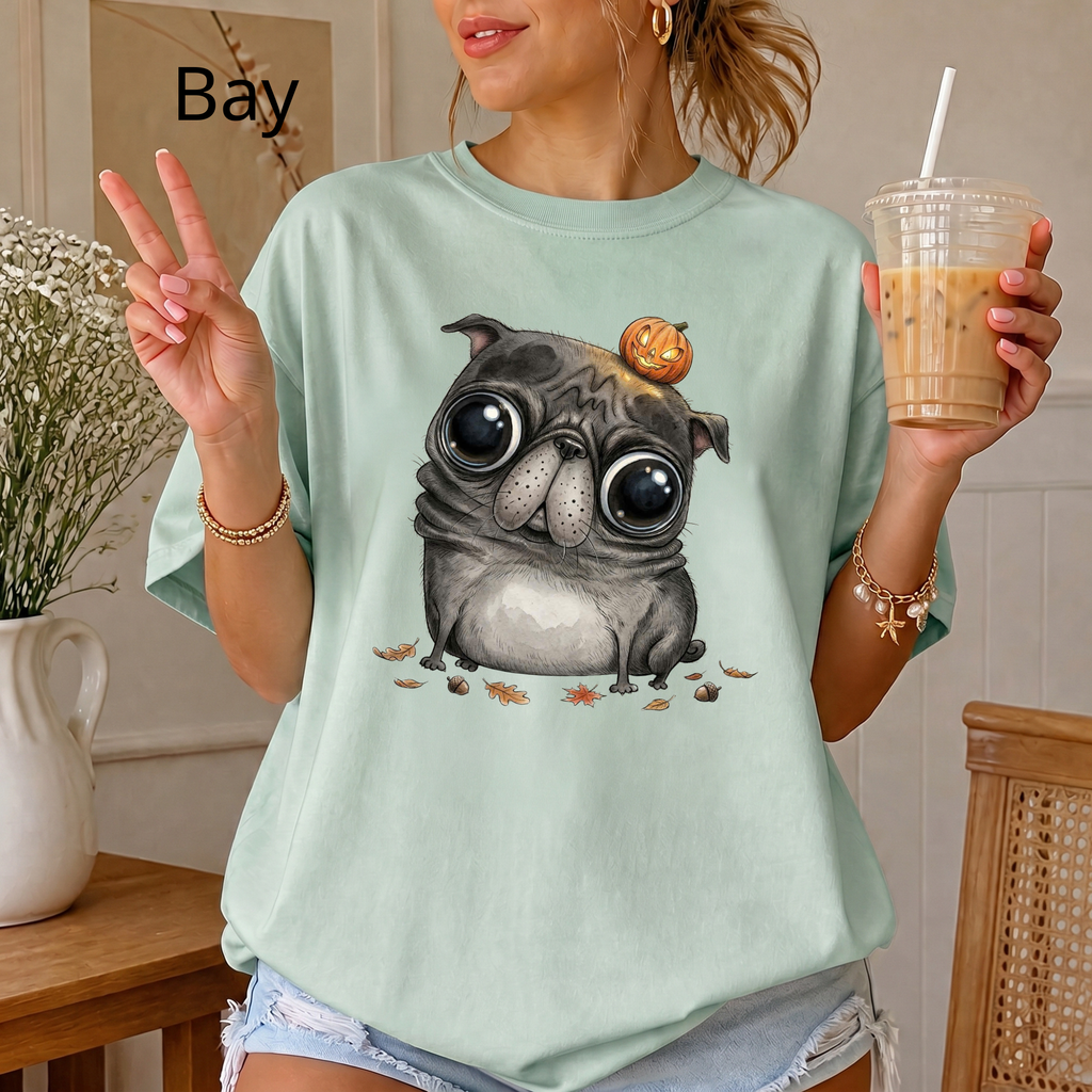 Comfort Colors® Cute Halloween Pug T-Shirt, Spooky Season Pug Puppy Tee, Big Eyes Pugkin Shirt, Pug Lover Gift