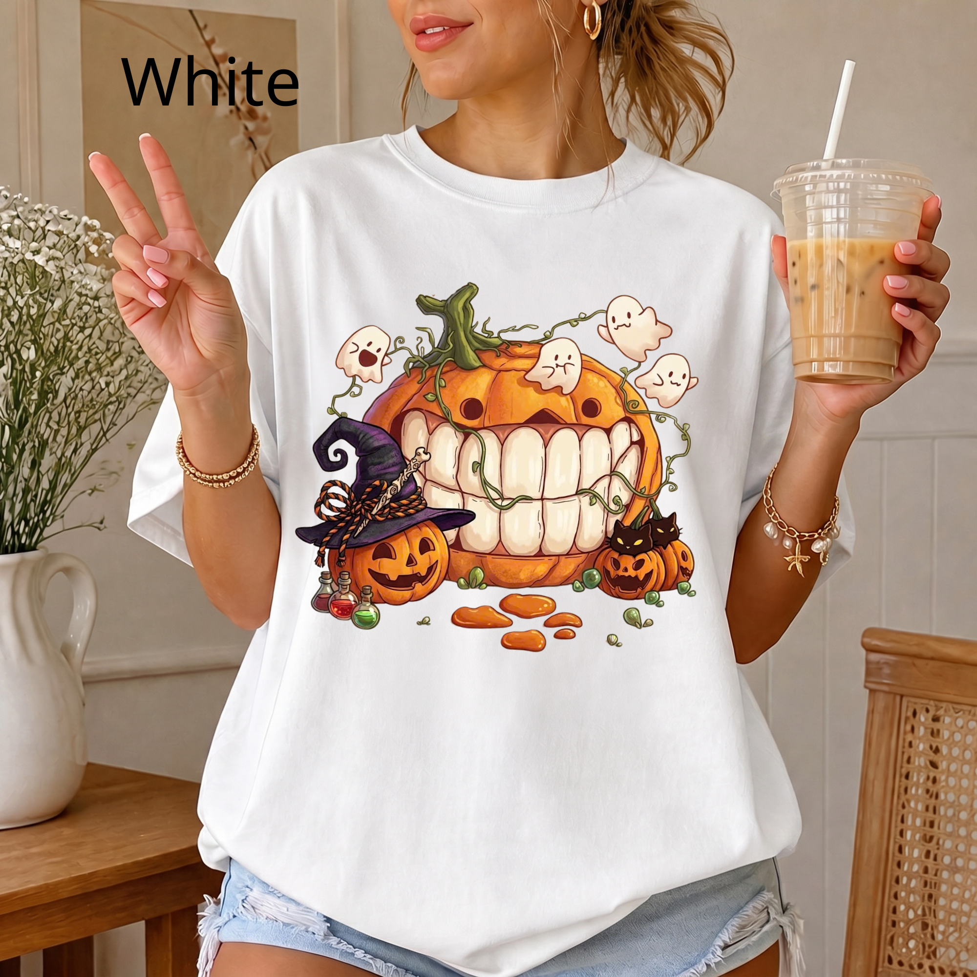 Halloween Pumpkin T-Shirt, Spooky Cute Ghost Graphic Tee, Funny Witch Hat Pumpkin Shirt, Retro Style Fall Festival T-Shirt, Cute Halloween Gift