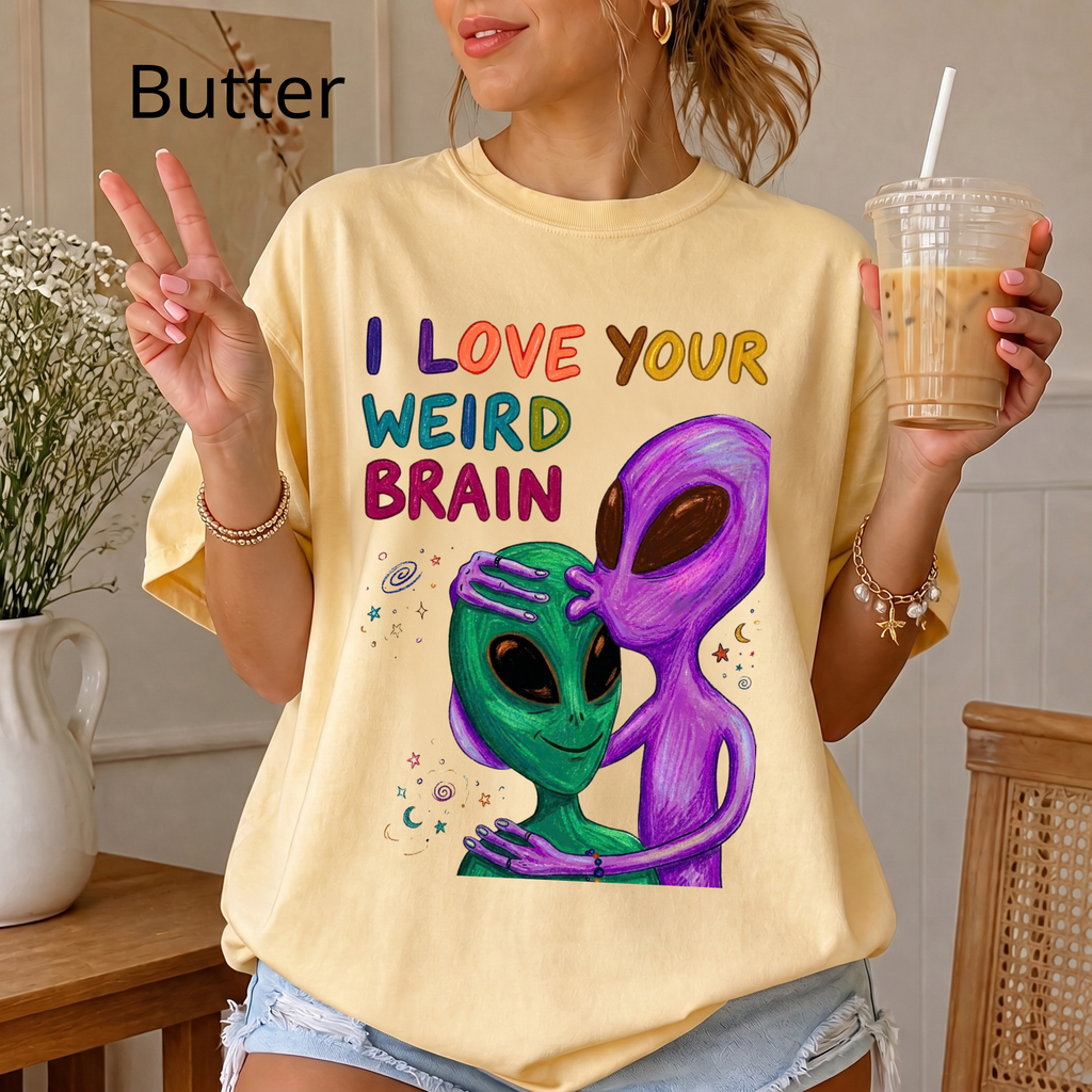 "I Love Your Weird Brain" Funny Alien Couple T-Shirt — Cute Retro Space Graphic Tee