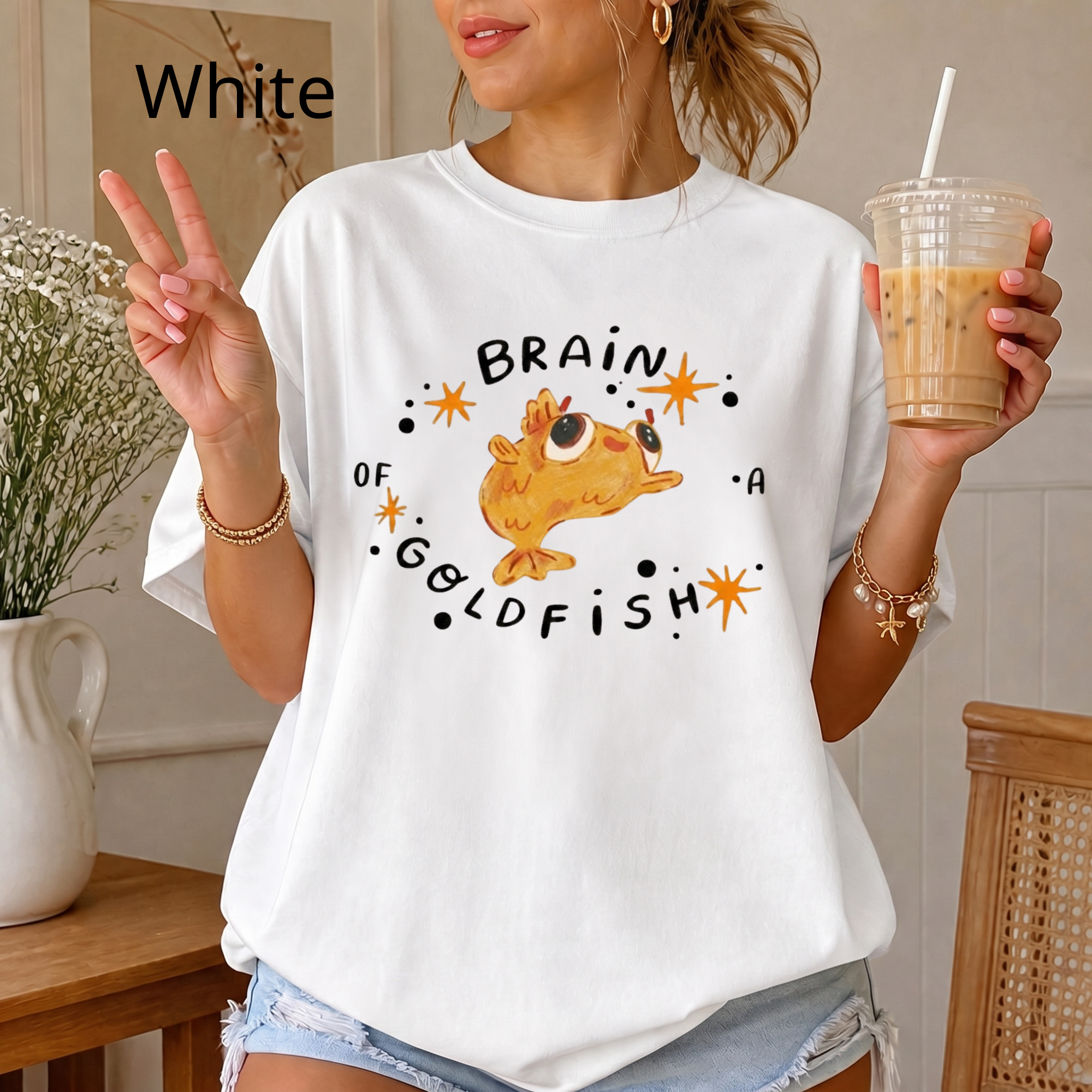 Brain of a Goldfish Cute Graphic Tee, Funny Fish T-Shirt, Aesthetic Retro Casual Cotton Shirt