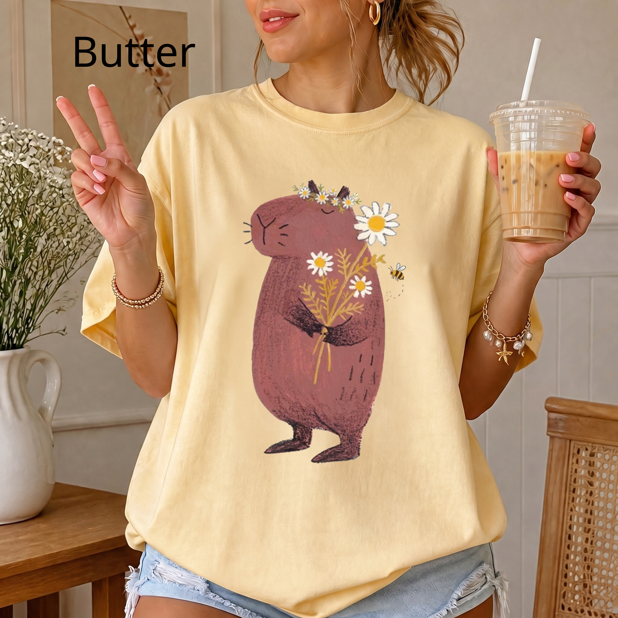Comfort Color Cute Capybara with Daisy Bouquet Graphic T-Shirt - Unisex Cotton Tee