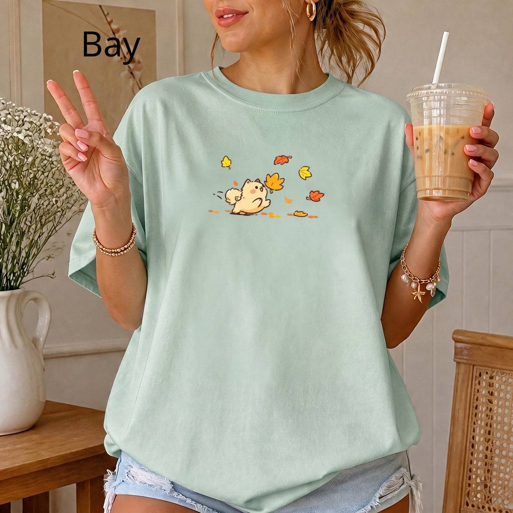 Comfort Colors Cute Dog Autumn Leaves T-Shirt, Kawaii Puppy Graphic Tee, Animal Shirt, Aesthetic Fall Outfit