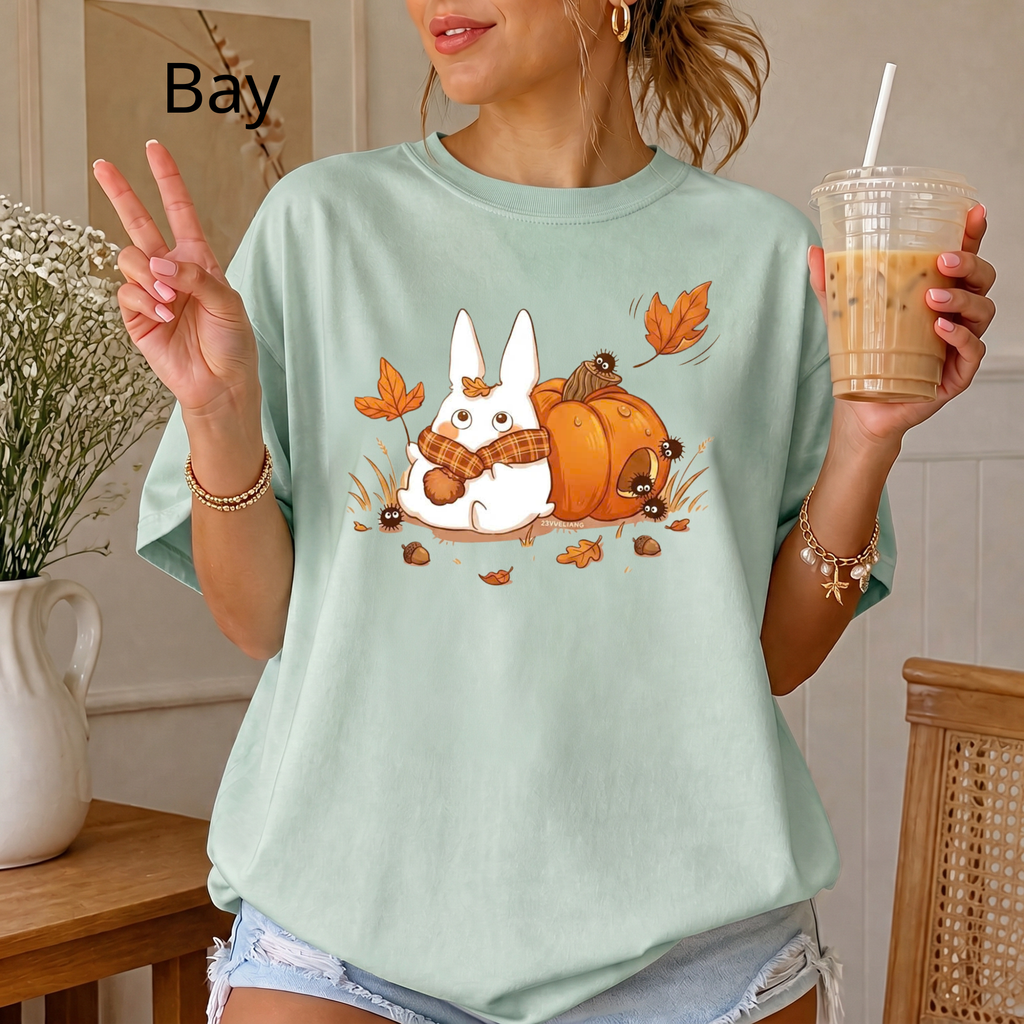 Studio Ghibli Autumn T-Shirt, Cute White Rabbit and Soot Sprites Tee, Spooky Season Pumpkin Shirt, Comfort Colors® Fall Apparel