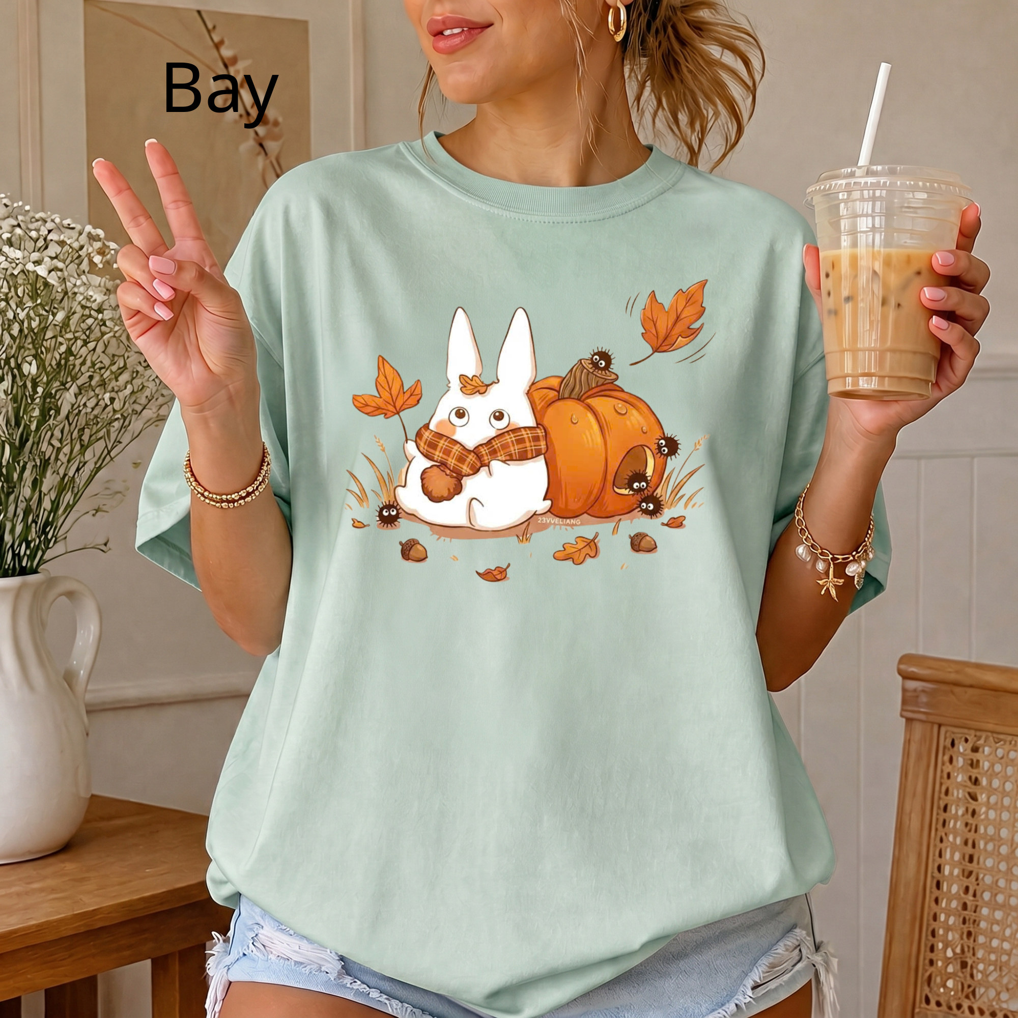 Studio Ghibli Autumn T-Shirt, Cute White Rabbit and Soot Sprites Tee, Spooky Season Pumpkin Shirt, Comfort Colors® Fall Apparel
