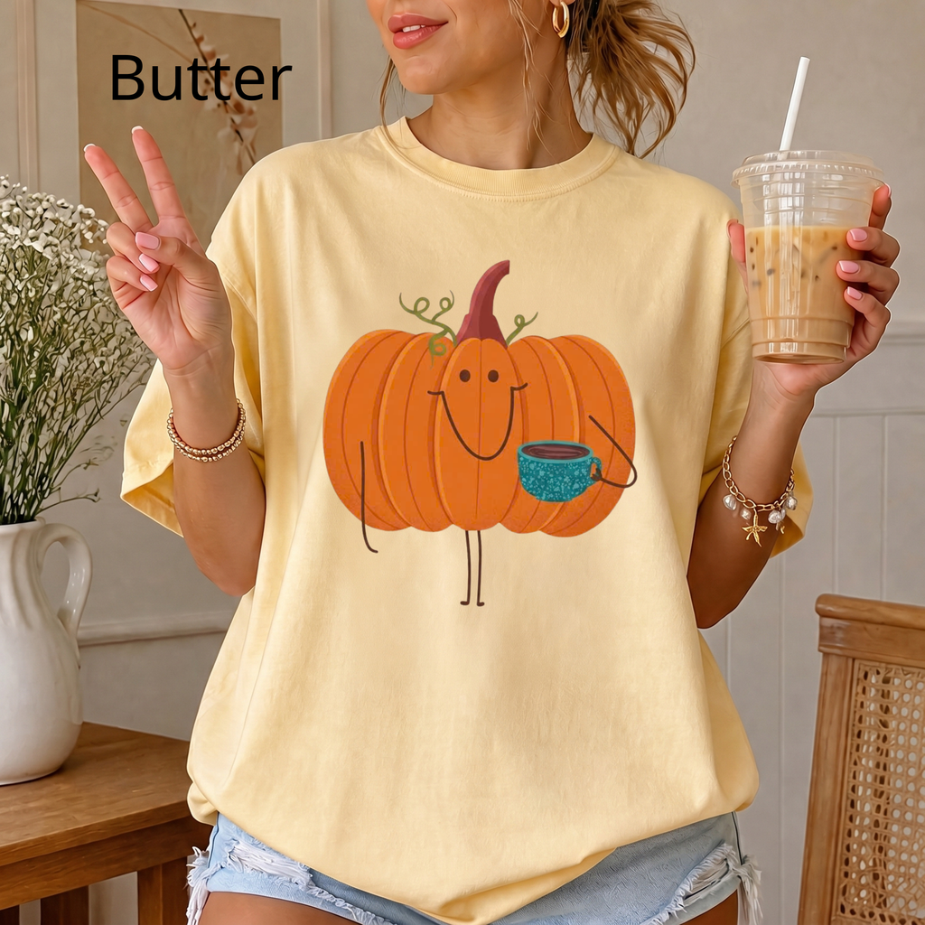 Cute Pumpkin Drinking Coffee T-Shirt, Funny Fall Season Tee, Happy Halloween T‑Shirt
