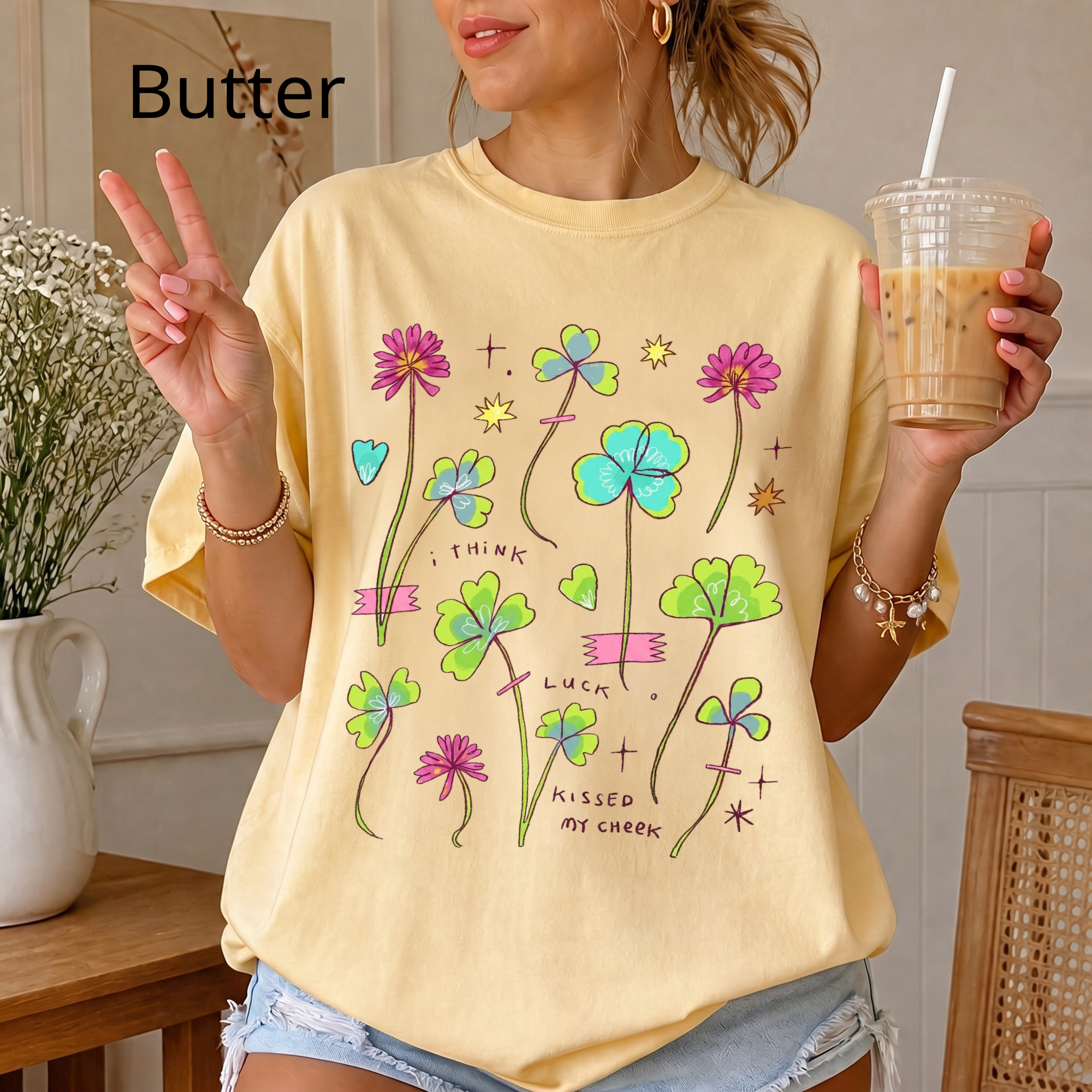 Lucky Clover Graphic Tee, Pastel Wildflower T-Shirt, Cute Aesthetic Four Leaf Clover Shirt, Retro Indie Apparel