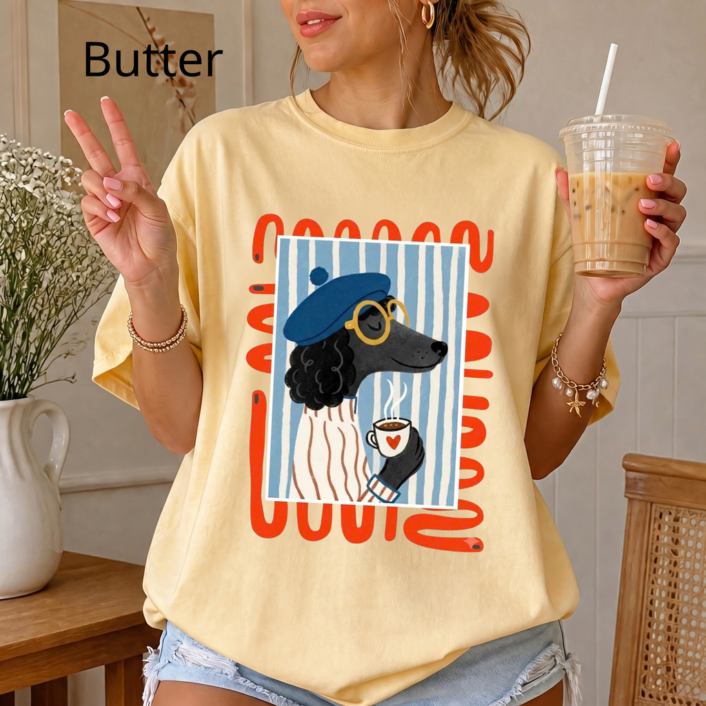 French Poodle Drinking Coffee T-Shirt, Artsy Dog Graphic Tee, Cute French Beret Animal Shirt, Casual Cotton Tee