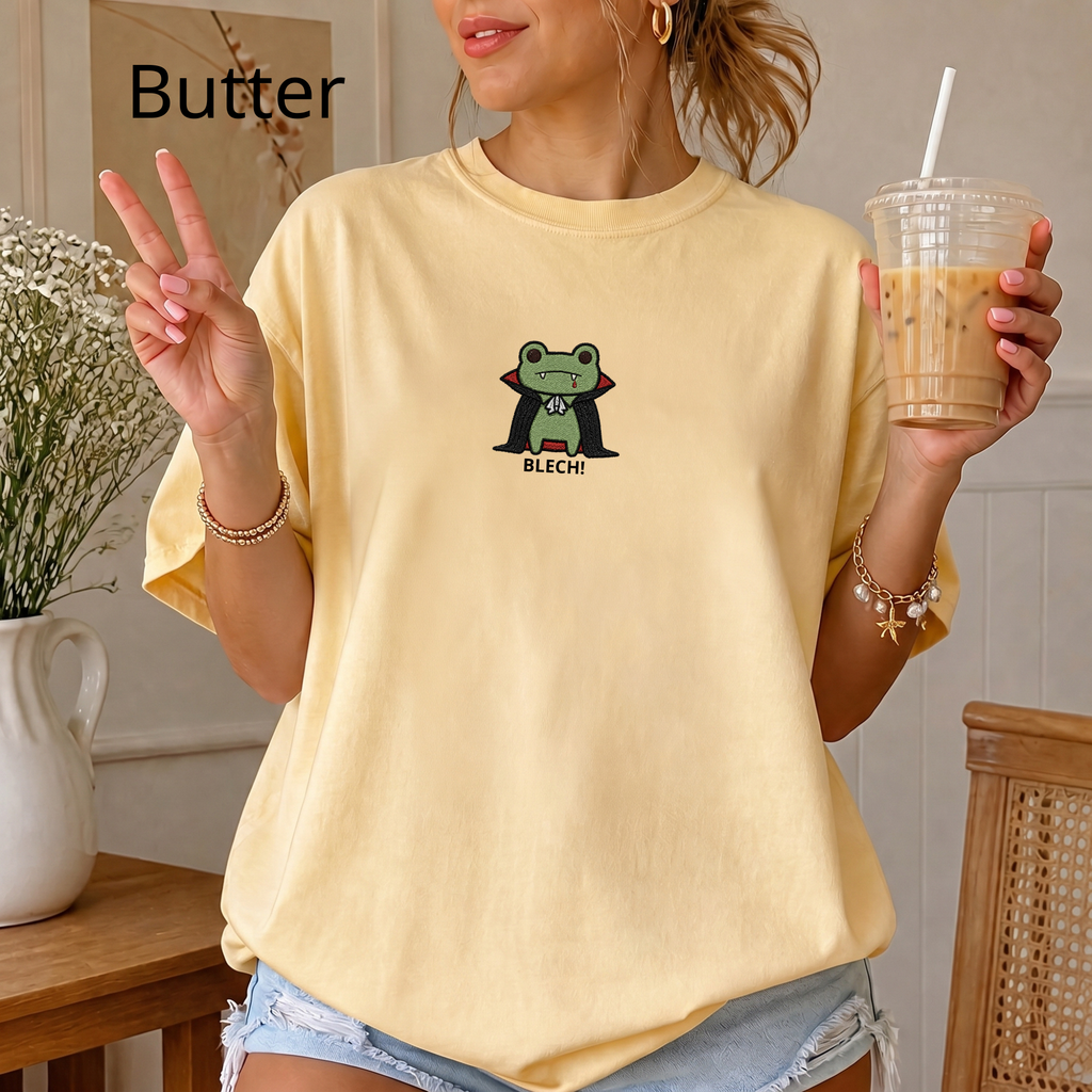Vampire Frog Embroidered T-Shirt, Blech Cute Frog Tee, Spooky Season Aesthetic Shirt, Funny Gothic Animal Embroidery Gift