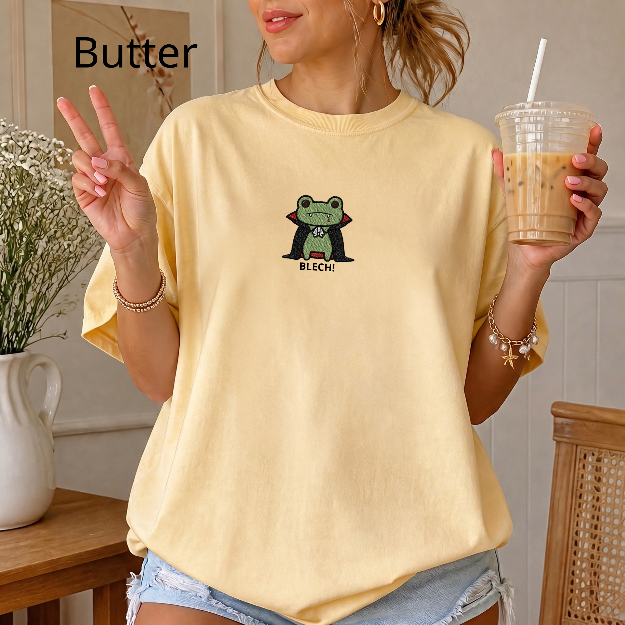 Vampire Frog Embroidered T-Shirt, Blech Cute Frog Tee, Spooky Season Aesthetic Shirt, Funny Gothic Animal Embroidery Gift