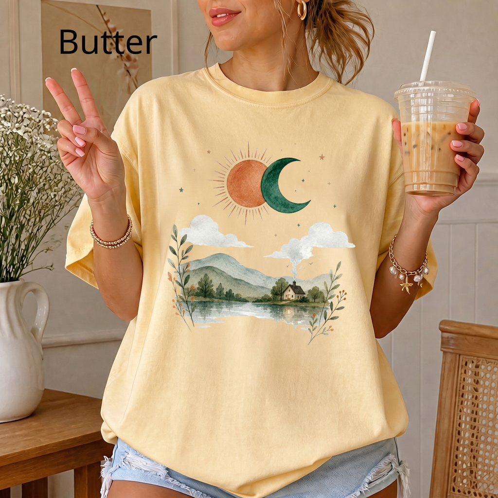 Vintage Nature Aesthetic T-Shirt, Sun and Moon Graphic Tee, Boho Landscape Shirt, Cute Indie Clothing