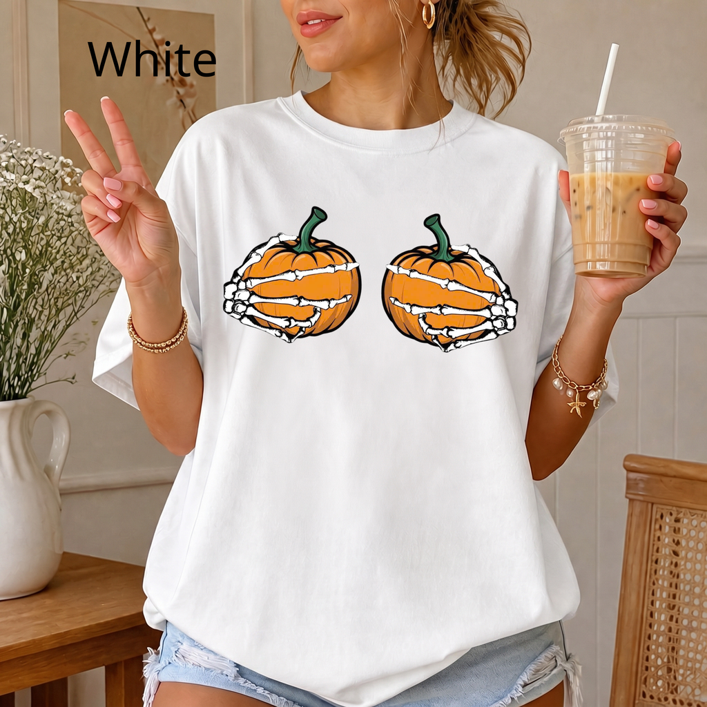 Spooky Season Pumpkin T-Shirt, Skeleton Hands Holding Pumpkins Graphic Tee, Cute Halloween Comfort Colors Shirt