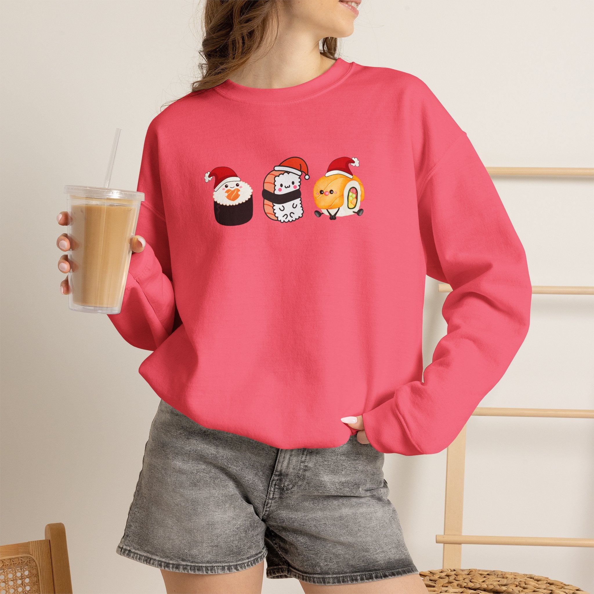 Holiday Sushi Crewneck Sweatshirt — Cute Santa Sushi Trio Christmas Sweatshirt