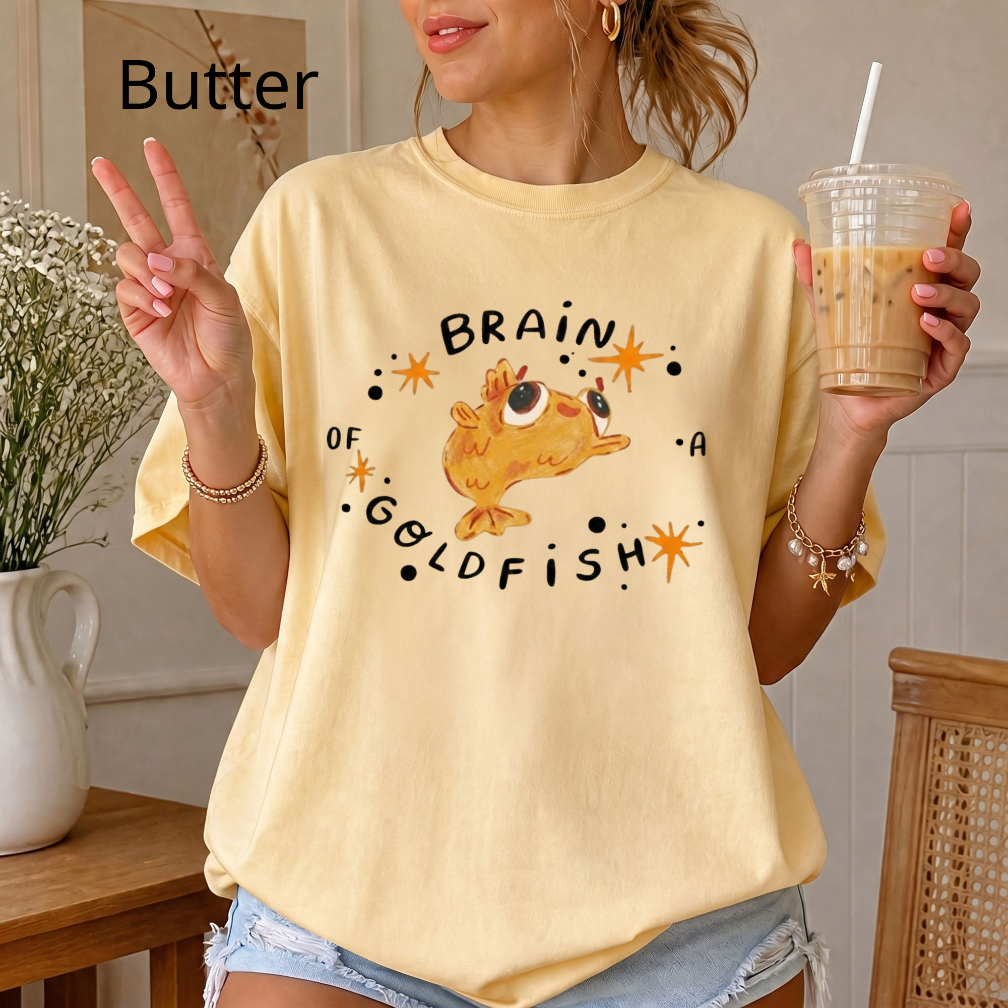 Brain of a Goldfish Cute Graphic Tee, Funny Fish T-Shirt, Aesthetic Retro Casual Cotton Shirt