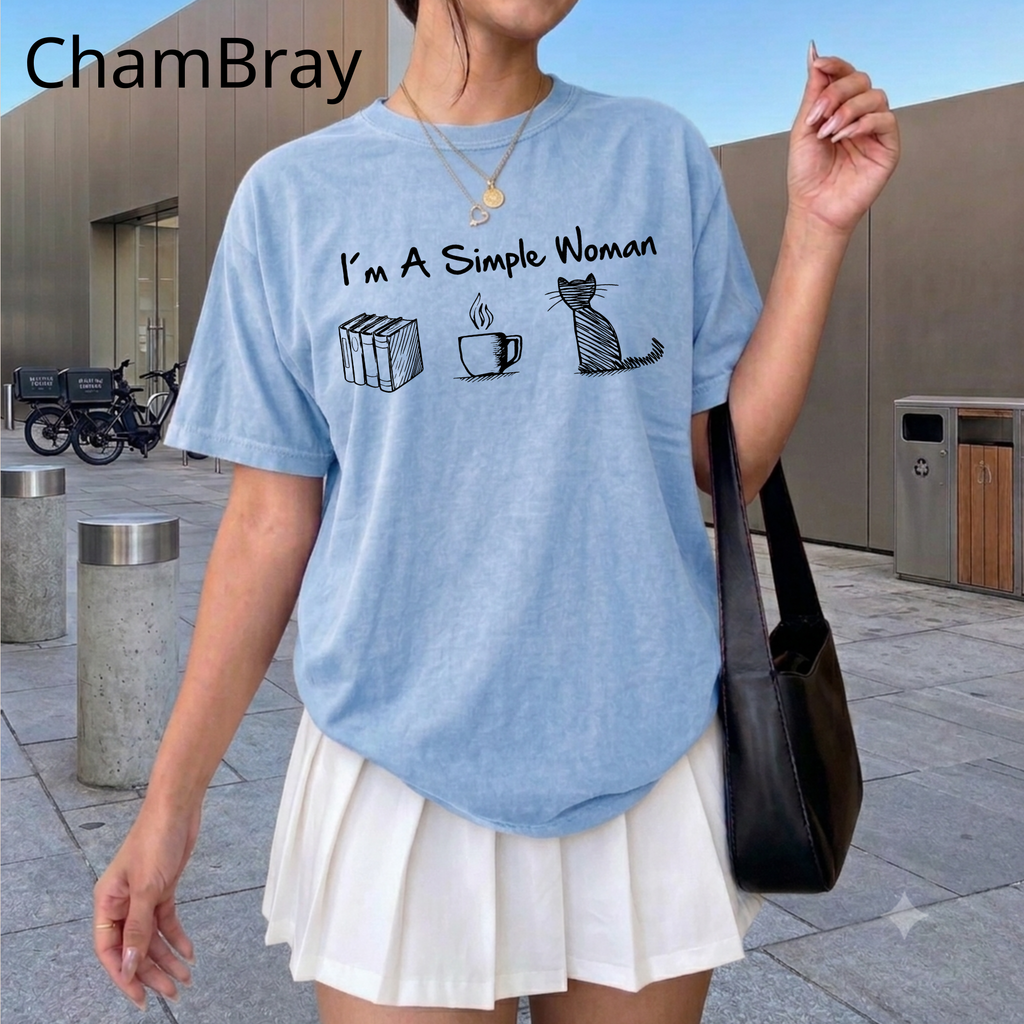 Funny Cat Mom T-Shirt, I'm A Simple Woman Tee, Coffee Cat and Books Graphic Apparel, Vintage Aesthetic Bookish Top