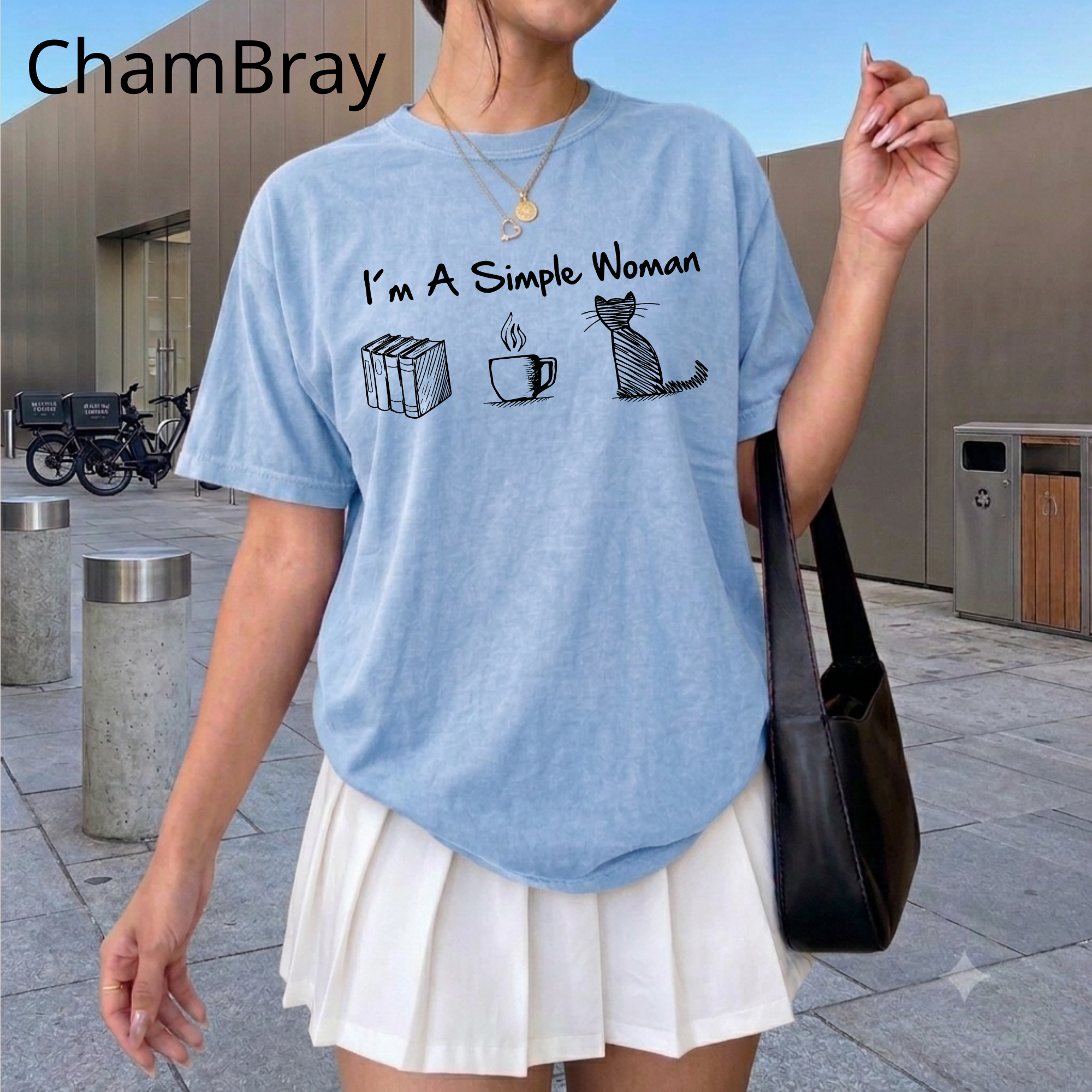 Funny Cat Mom T-Shirt, I'm A Simple Woman Tee, Coffee Cat and Books Graphic Apparel, Vintage Aesthetic Bookish Top