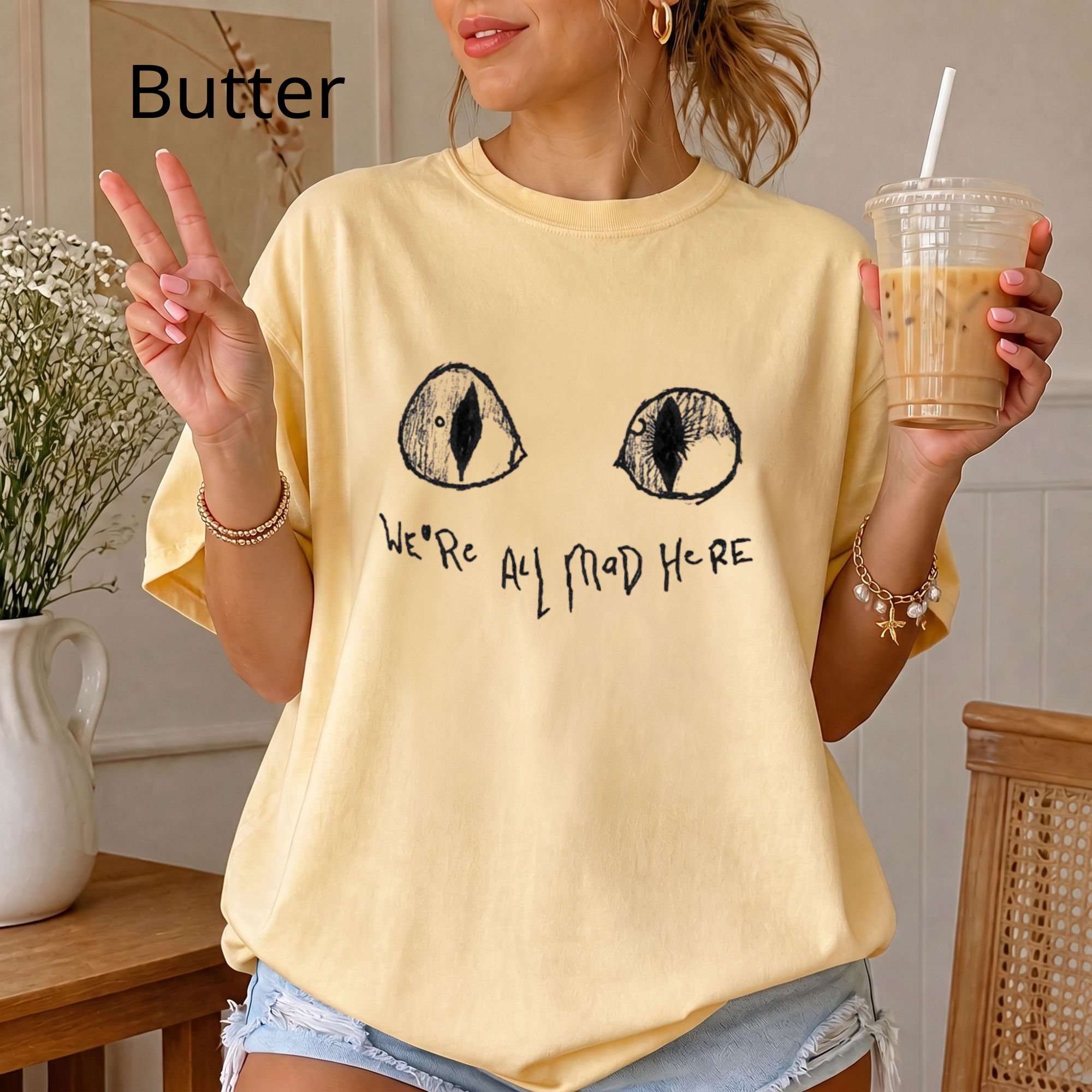 We're All Mad Here Cat Eyes T-Shirt, Alice in Wonderland Inspired Graphic Tee, Cheshire Cat Aesthetic Shirt, Book Lover Gift