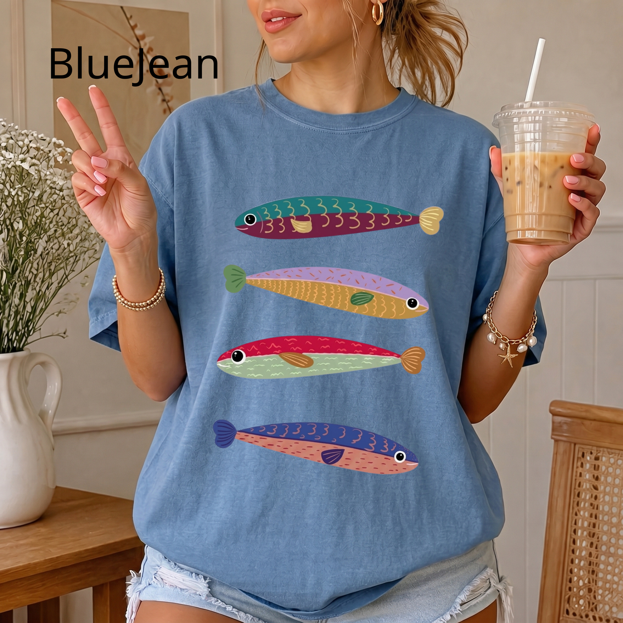 Feng Shui Fish T-Shirt, Cute Colorful Fish Tee, Aesthetic Pastel Graphic Shirt, Boho Fish Art Lover Gift, Quirky Indie Oversized Top