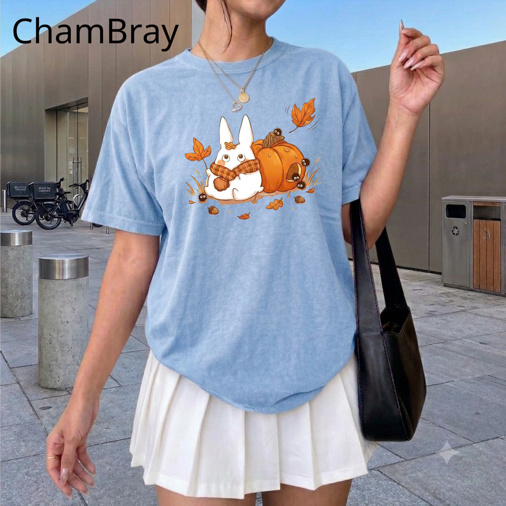 Studio Ghibli Autumn T-Shirt, Cute White Rabbit and Soot Sprites Tee, Spooky Season Pumpkin Shirt, Comfort Colors® Fall Apparel