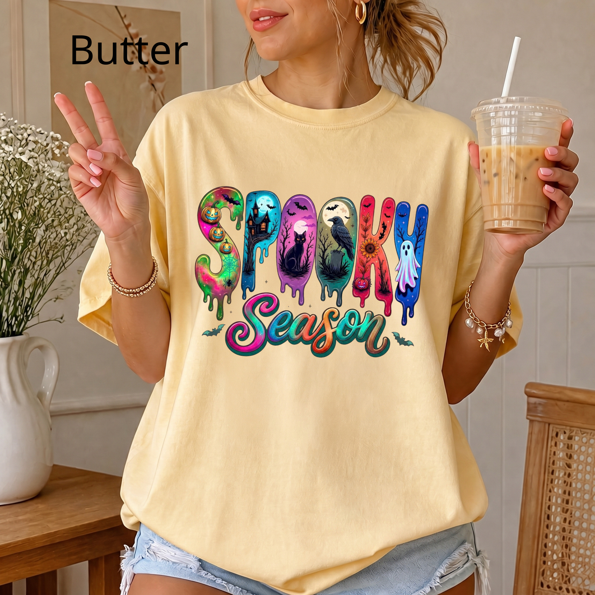 Spooky Season Graphic T-Shirt, Colorful Halloween Retro Vintage Tee, Cute Spooky Vibe Fall Shirt
