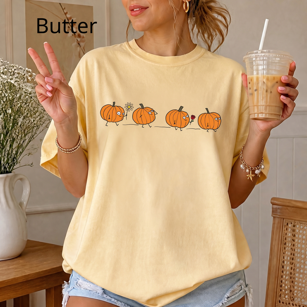 Cute Pumpkin Parade Comfort Colors T-Shirt — Cute Minimal Halloween Pumpkin Tee, Fall Aesthetic Graphic Tee