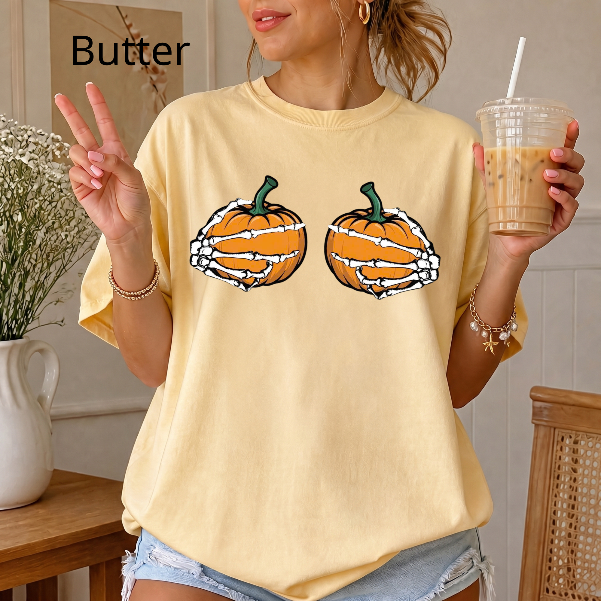 Spooky Season Pumpkin T-Shirt, Skeleton Hands Holding Pumpkins Graphic Tee, Cute Halloween Comfort Colors Shirt
