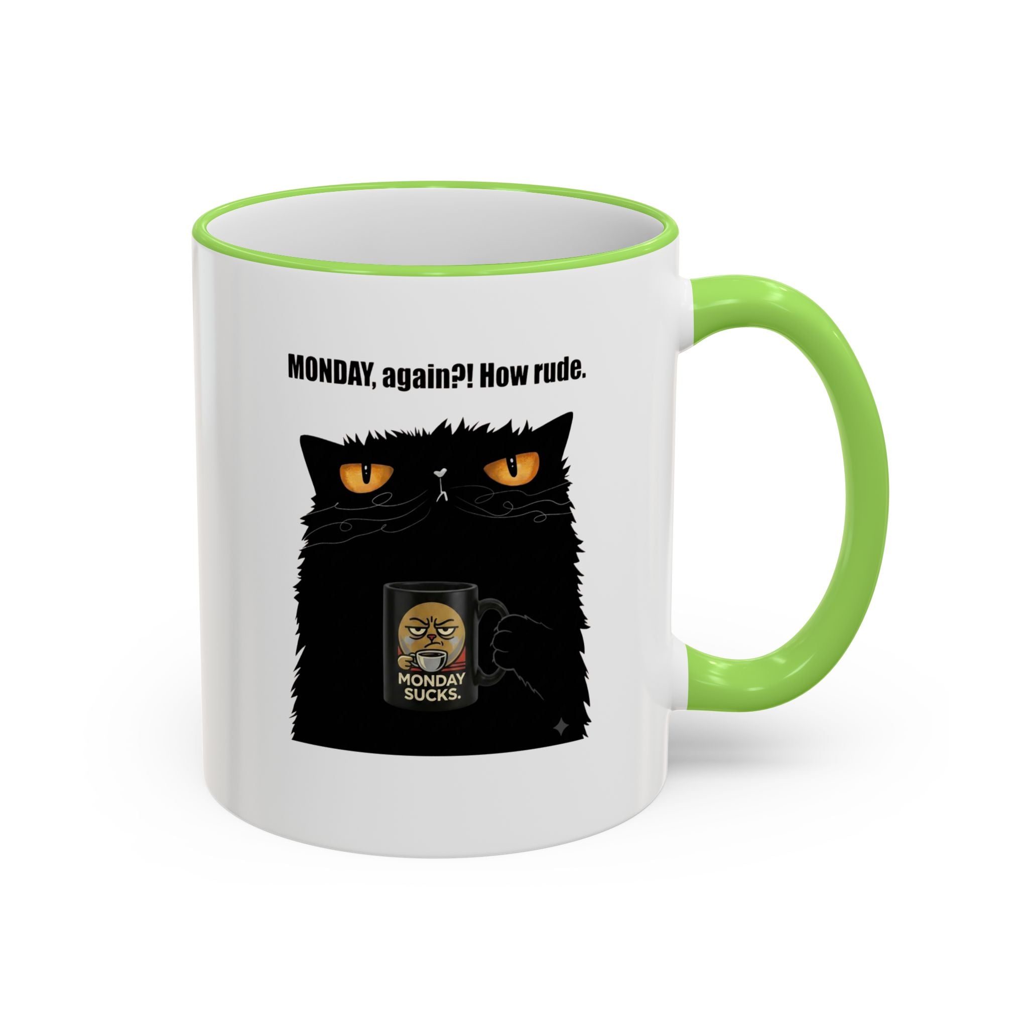 Grumpy Black Cat "Monday, Again?!" Mug, Cat Quote Coffee Cup, Sarcastic Morning Mug, Funny Cat Lover Present