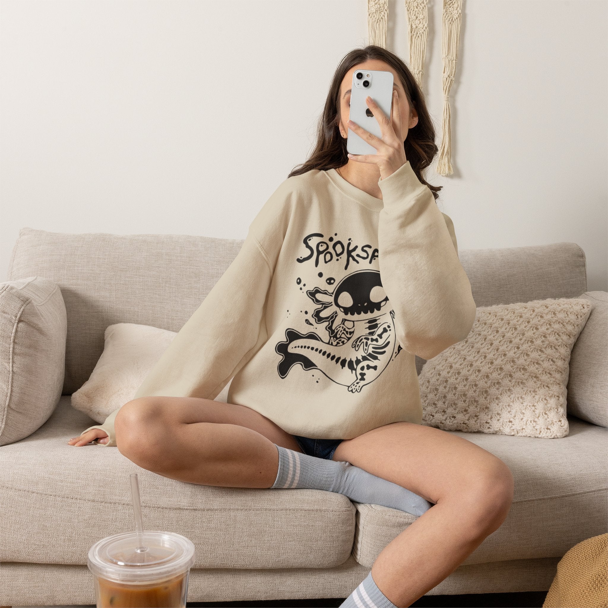Spooksalotl Axolotl Skeleton Sweatshirt — Cute Spooky Gothic Crewneck
