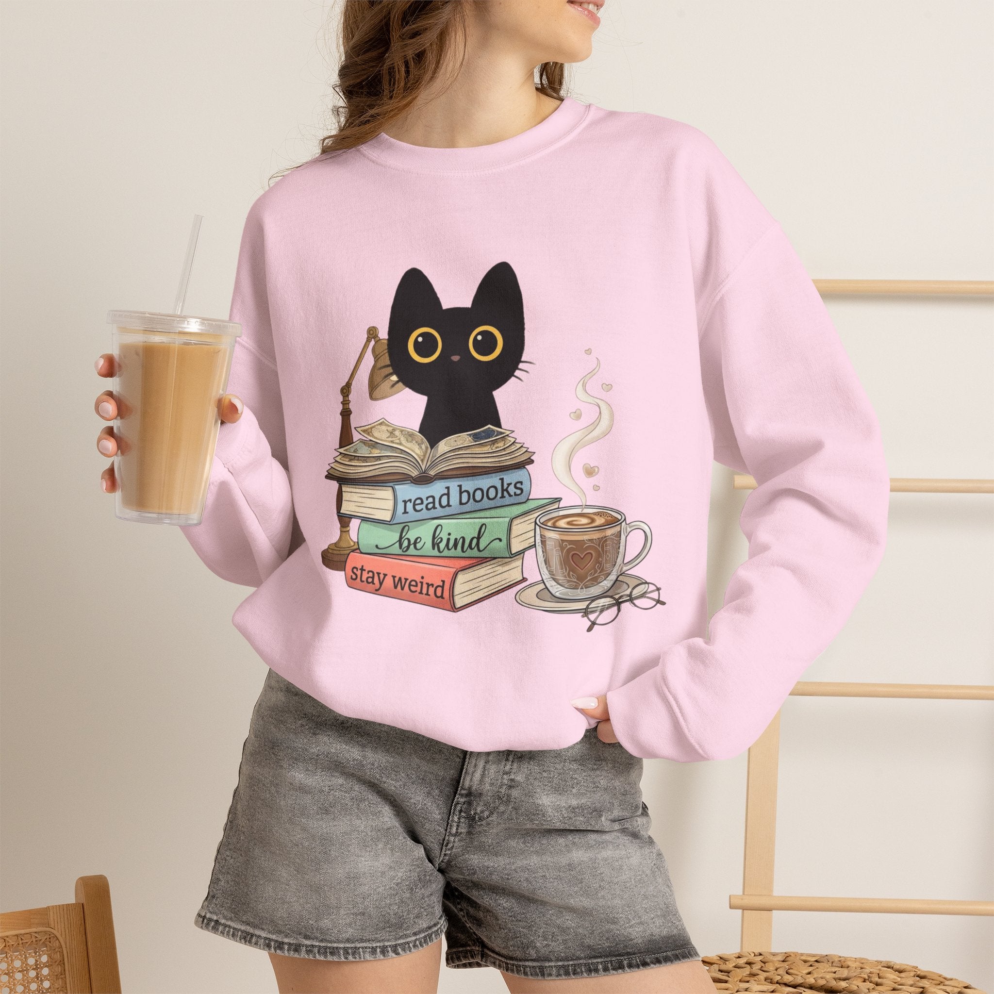 Cat & Books Crewneck — "Read Books, Be Kind, Stay Weird" Cozy Booklover Sweatshirt