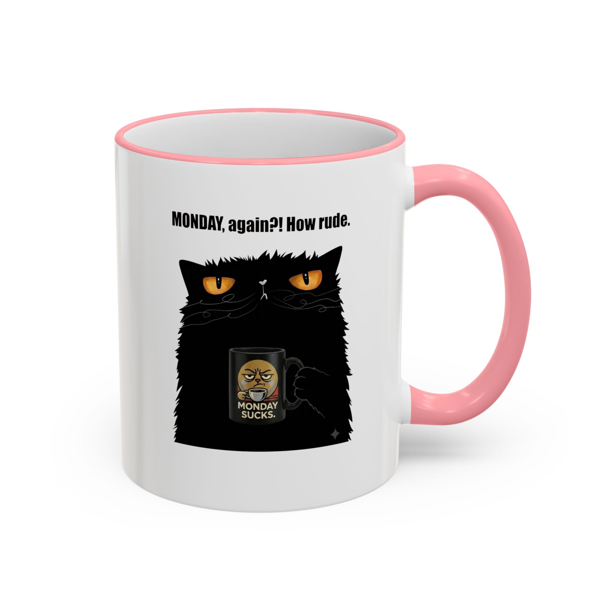 Grumpy Black Cat "Monday, Again?!" Mug, Cat Quote Coffee Cup, Sarcastic Morning Mug, Funny Cat Lover Present