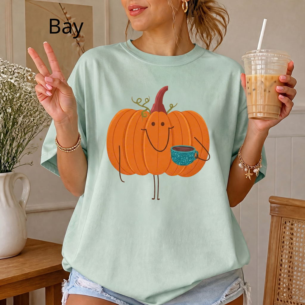 Cute Pumpkin Drinking Coffee T-Shirt, Funny Fall Season Tee, Happy Halloween T‑Shirt