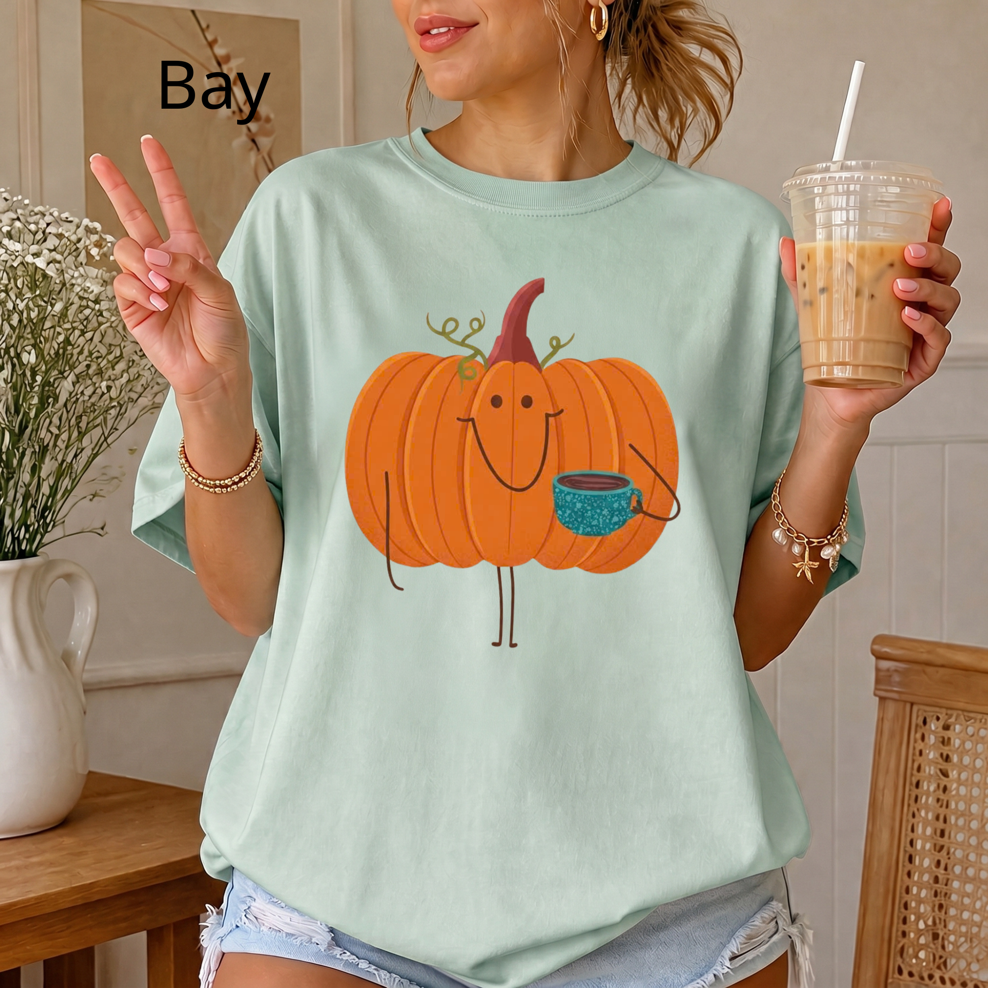 Cute Pumpkin Drinking Coffee T-Shirt, Funny Fall Season Tee, Happy Halloween T‑Shirt