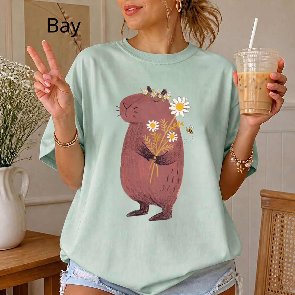 Comfort Color Cute Capybara with Daisy Bouquet Graphic T-Shirt - Unisex Cotton Tee