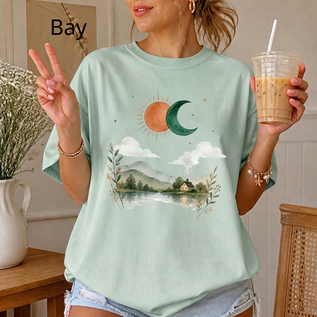 Vintage Nature Aesthetic T-Shirt, Sun and Moon Graphic Tee, Boho Landscape Shirt, Cute Indie Clothing